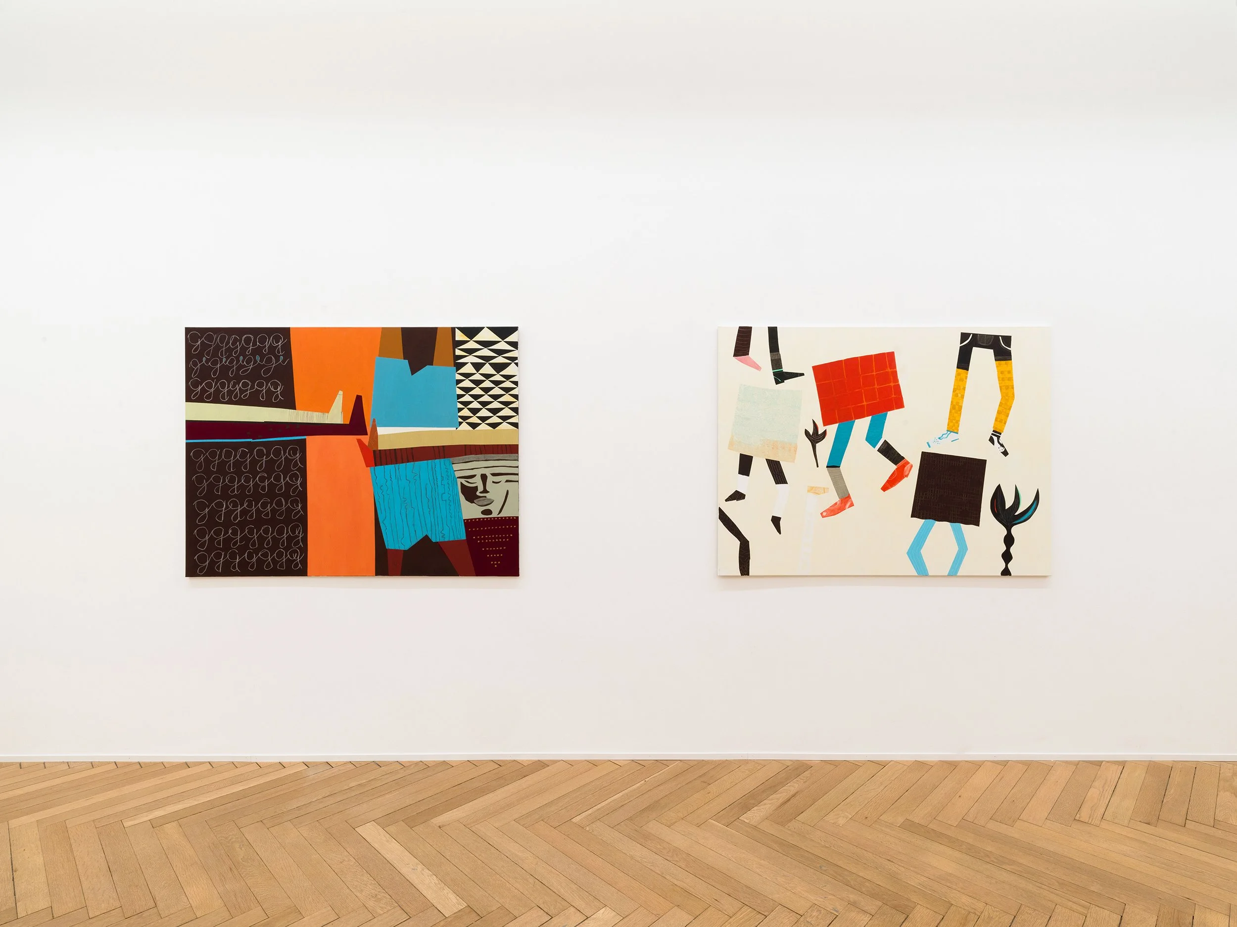 Two colorful abstract art pieces are hung on a white gallery wall. The artwork on the left features a mixture of bold geometric shapes and patterns, including triangles and squiggles, with a dominant color palette of orange, black, brown, blue, and b