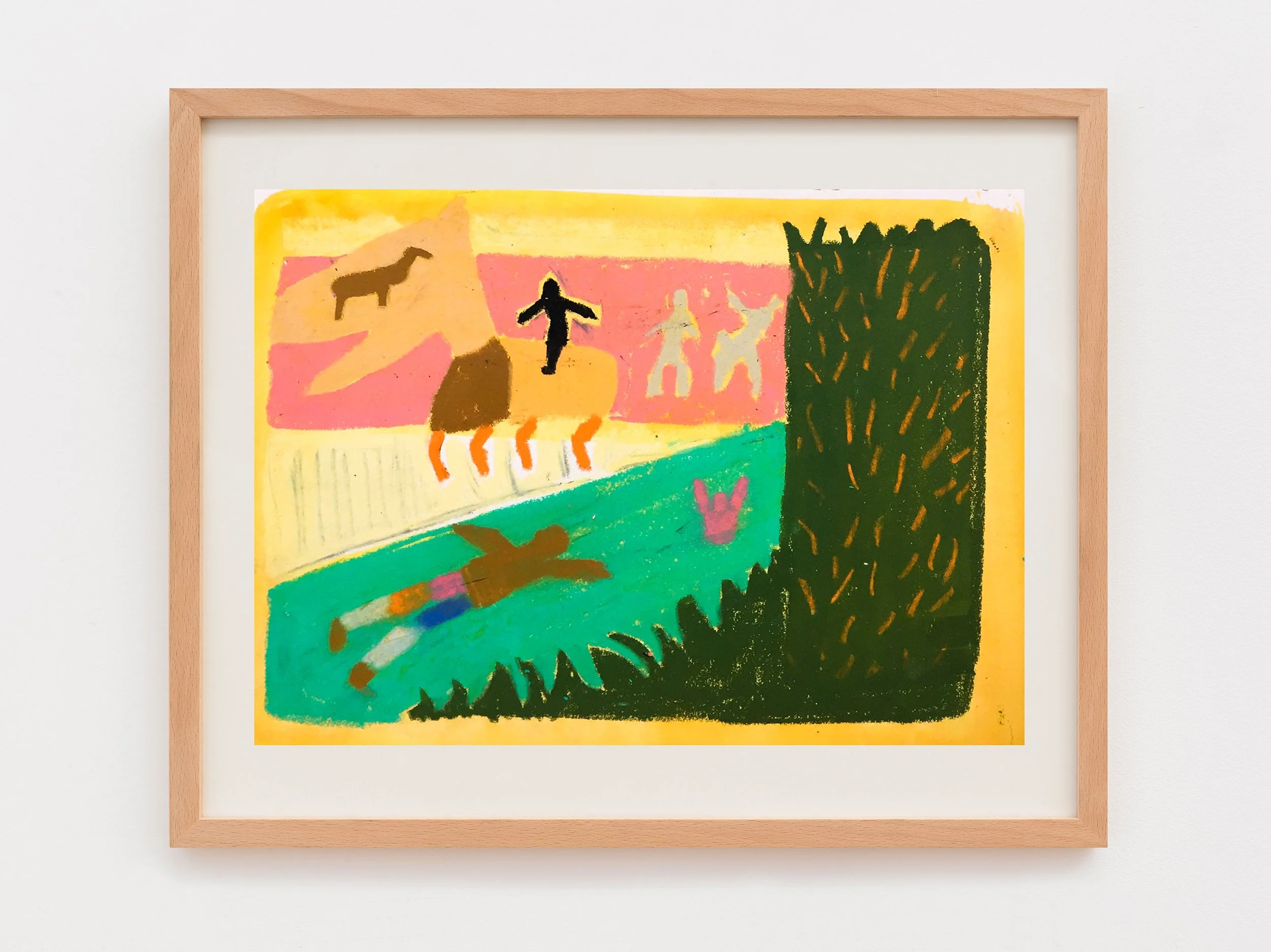 Colorful abstract painting with various shapes including a dark green bush or tree, pink human-like figures, and a black figure with arms extended, framed in a light wood frame.