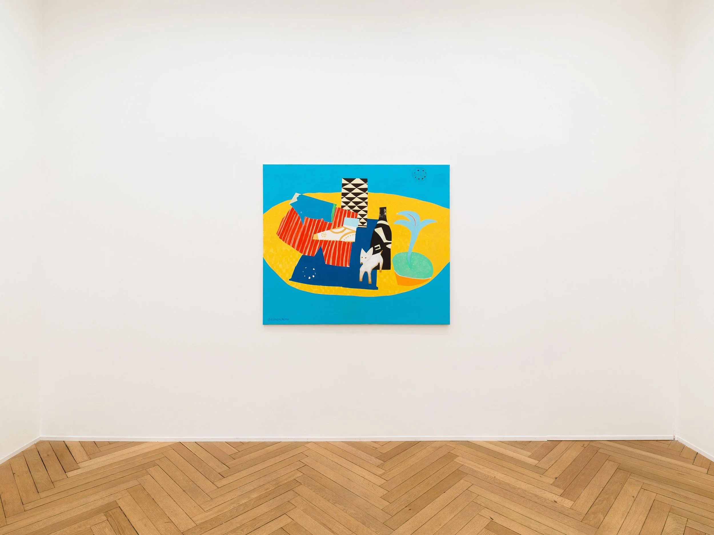 Painting hung on gallery wall with white background, depicting a colorful scene with abstract shapes and figures, situated on wooden herringbone floor.