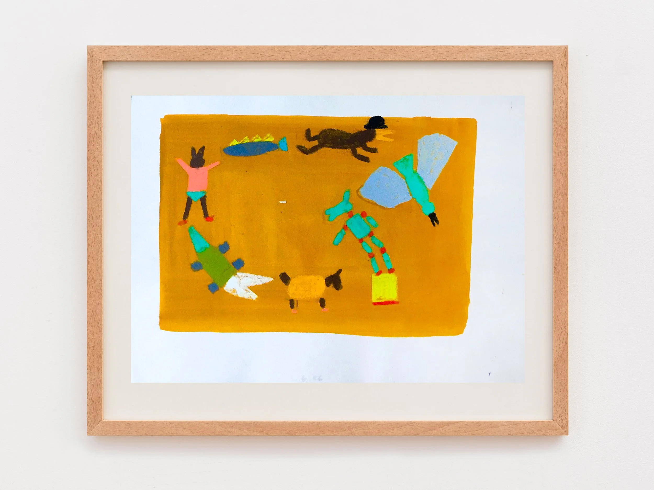 A framed children's drawing featuring colorful stick figures, a dog, and other shapes on a yellow background.