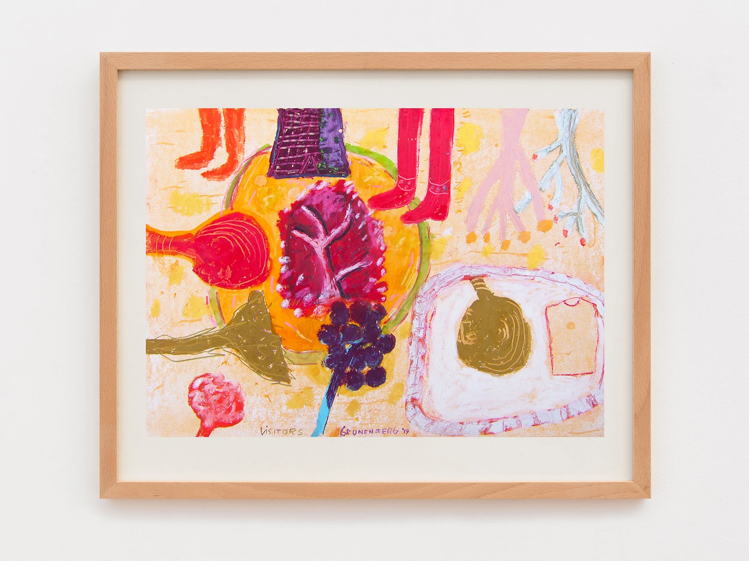 Colorful abstract painting featuring various fruit and vegetable shapes, with some text and signature at the bottom.