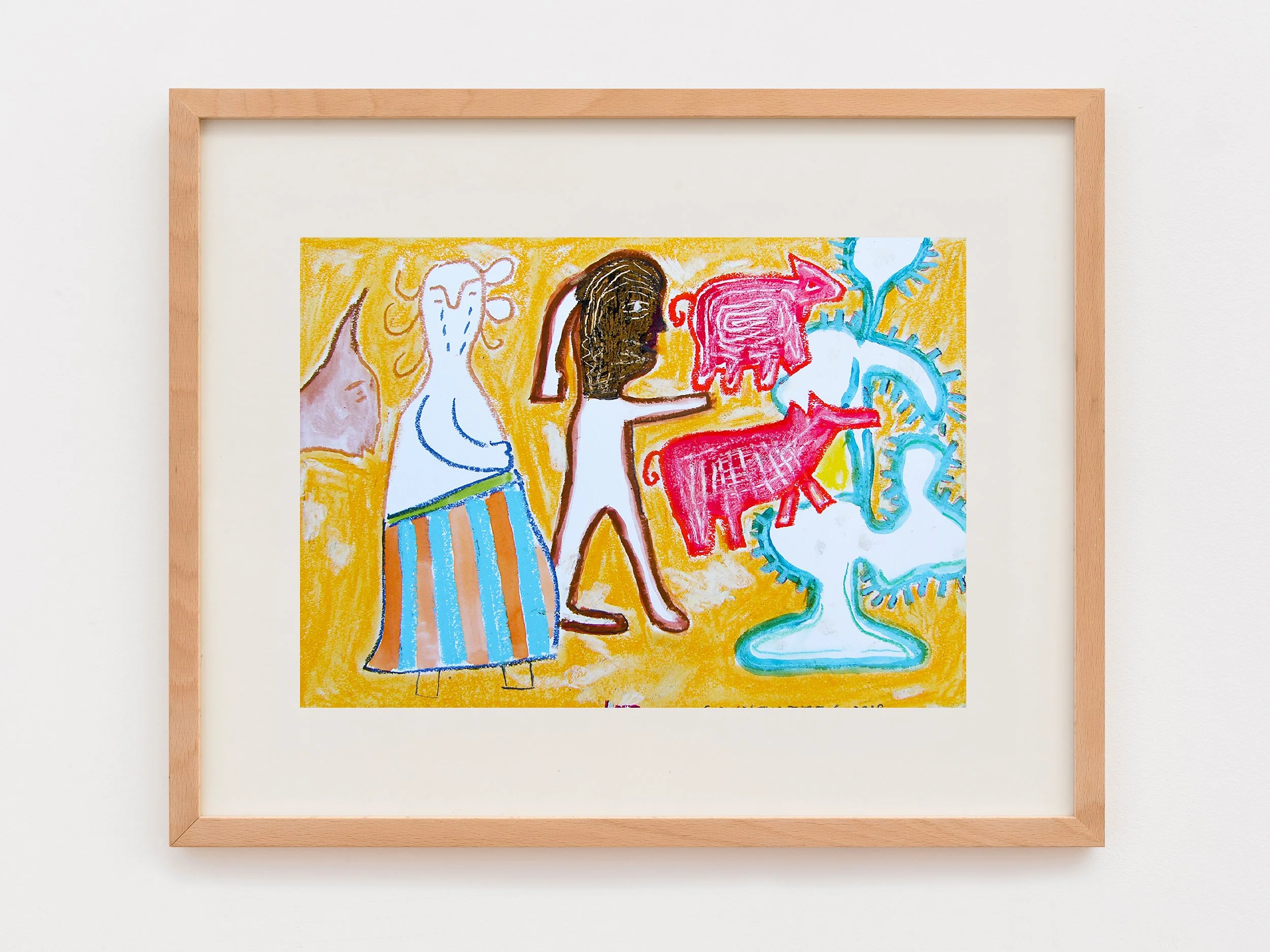 Colorful abstract drawing of human figures and animals on a yellow background, framed by a light wooden border.