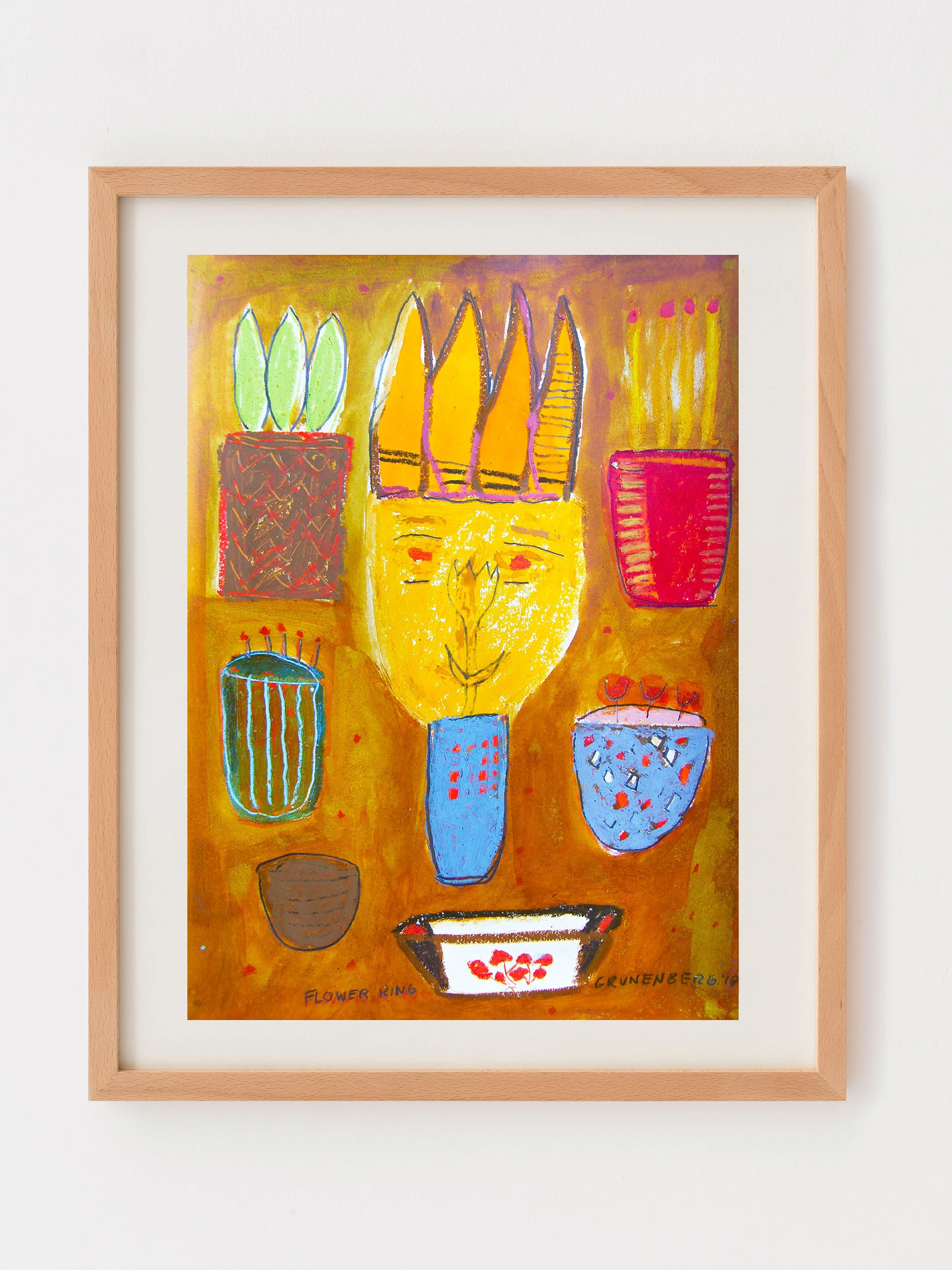 Colorful abstract painting of potted plants, with three large vases in the center, two smaller vases on each side, a floral pattern at the bottom, and a warm earthy background. The artwork has a childlike style and vibrant colors.