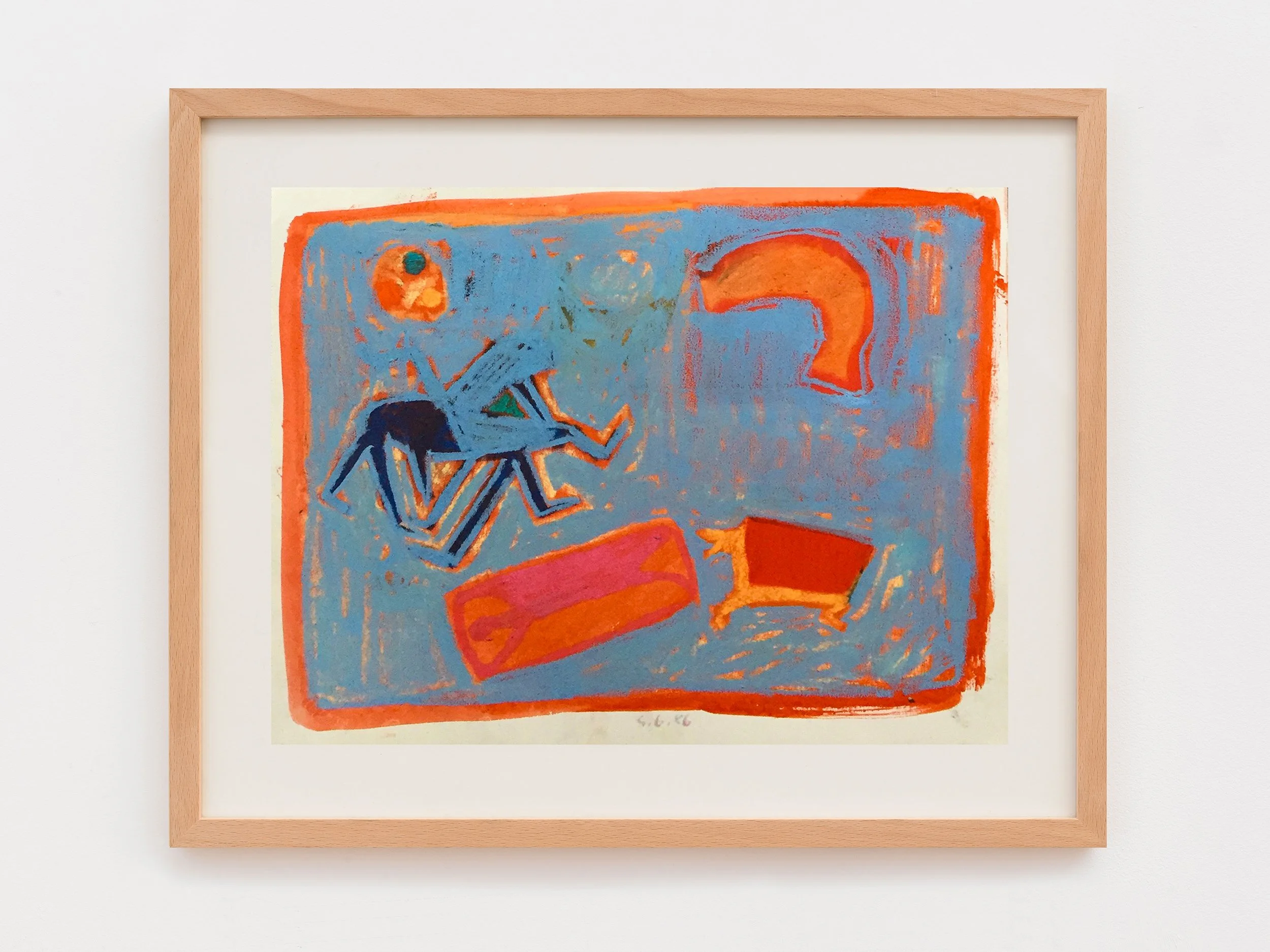 A framed abstract painting with geometric shapes and bold colors, including blue, orange, and red, on a white wall.