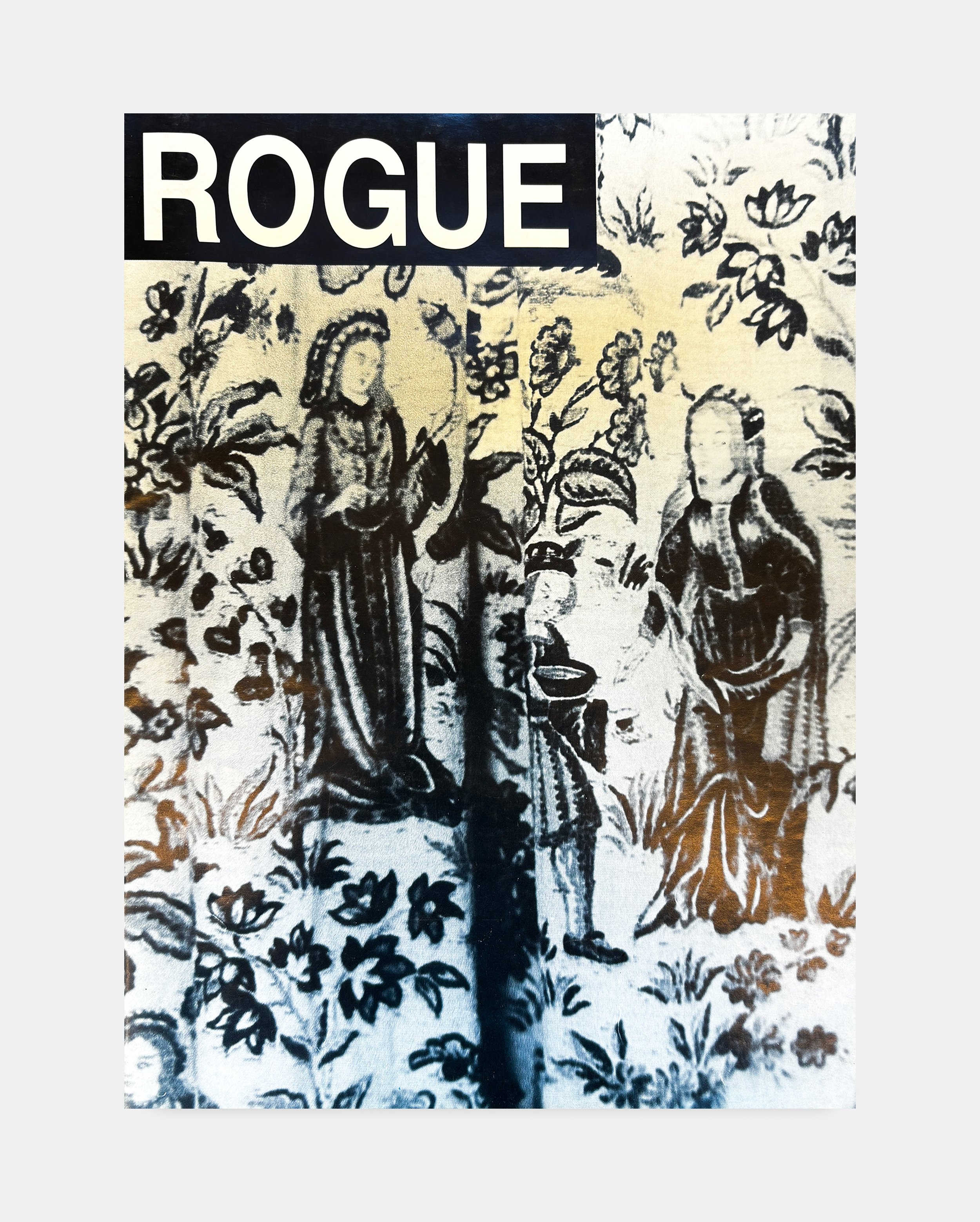 Vintage black and white print of a woman and children in a garden scene with floral patterns, with a bold "ROGUE" label at the top.