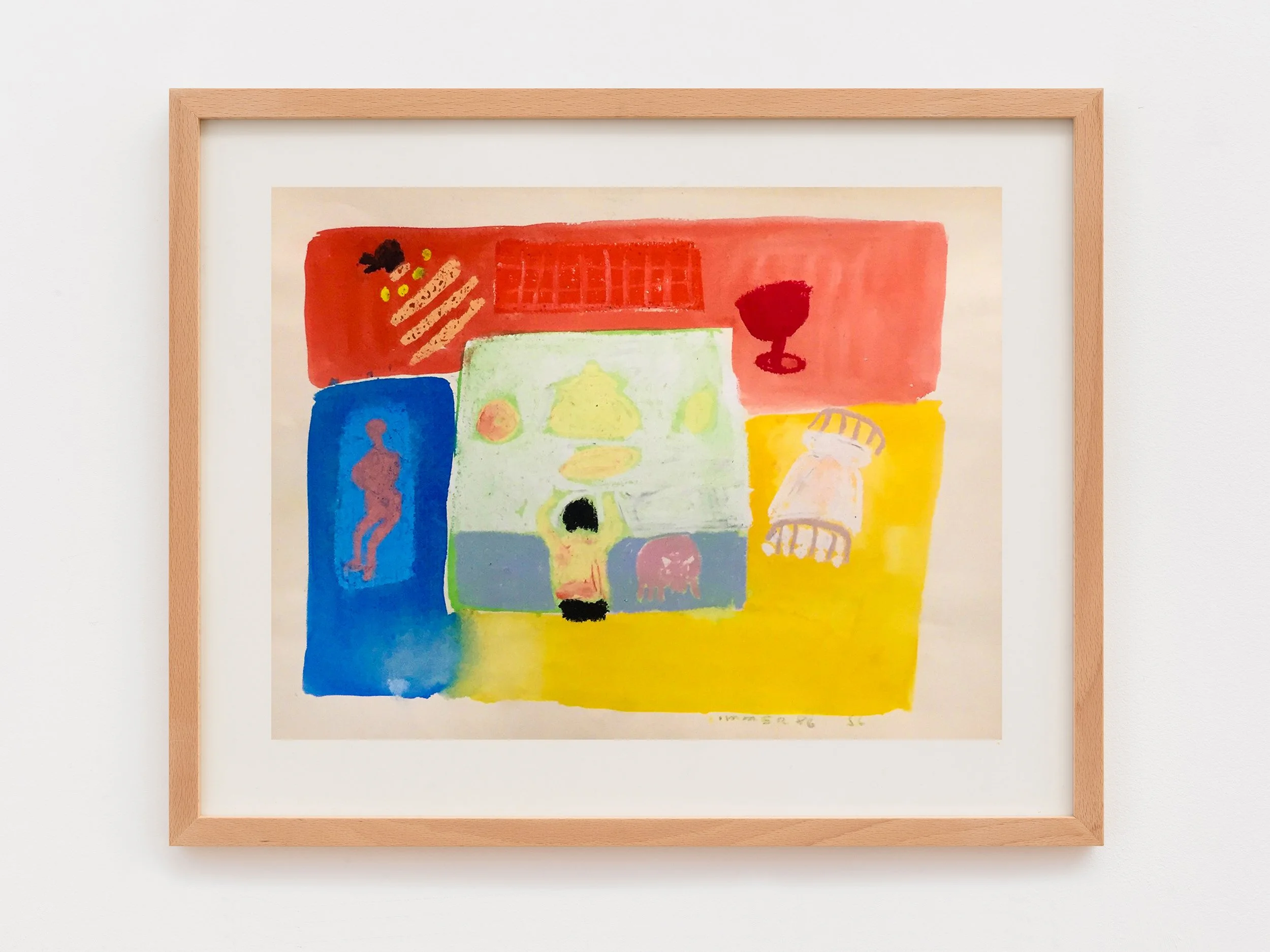 A colorful abstract painting with bright patches of blue, yellow, green, red, and orange, framed in light wood.