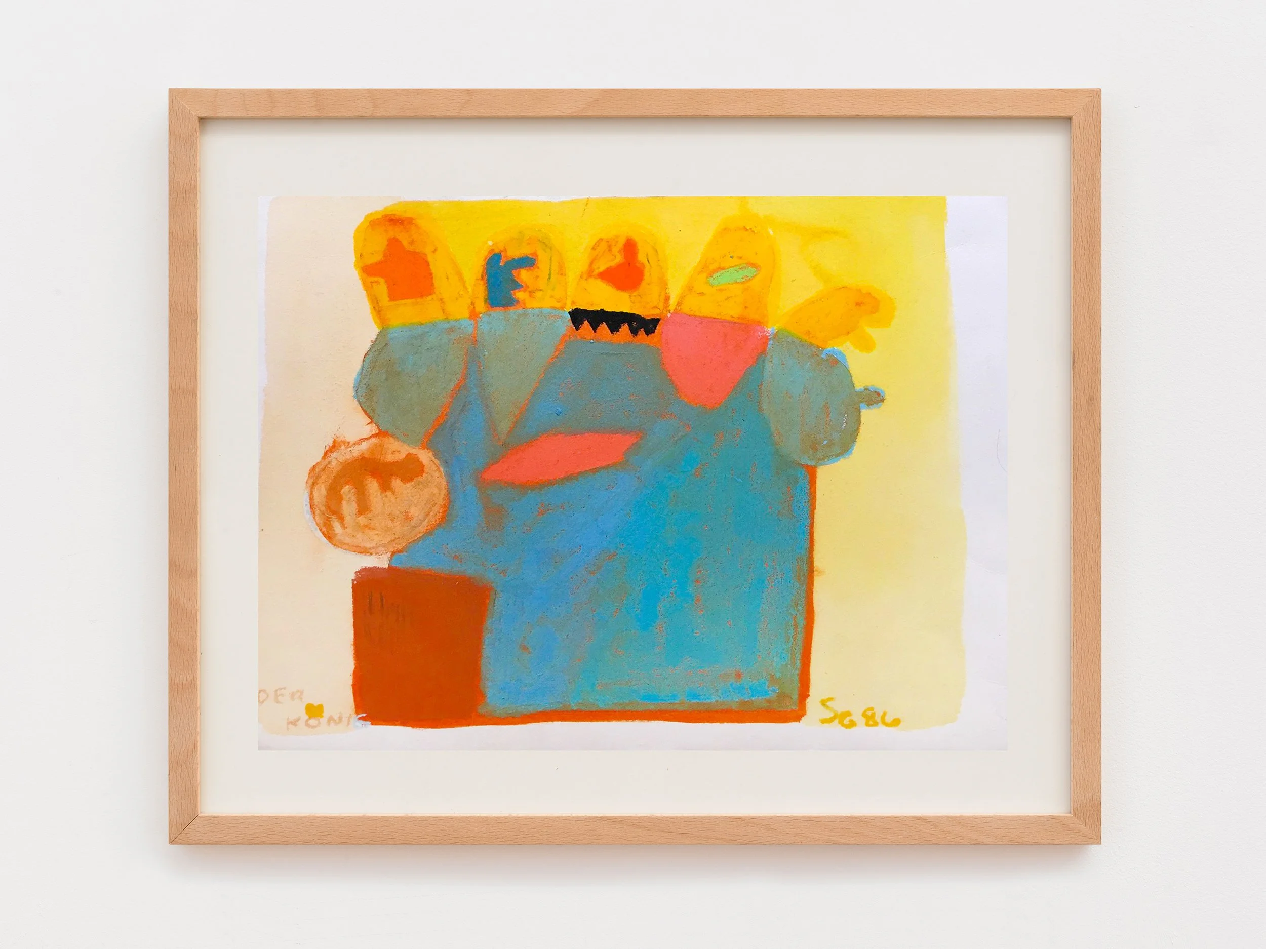 A framed abstract painting with bright colors, including yellow, orange, blue, and green, on a white background.