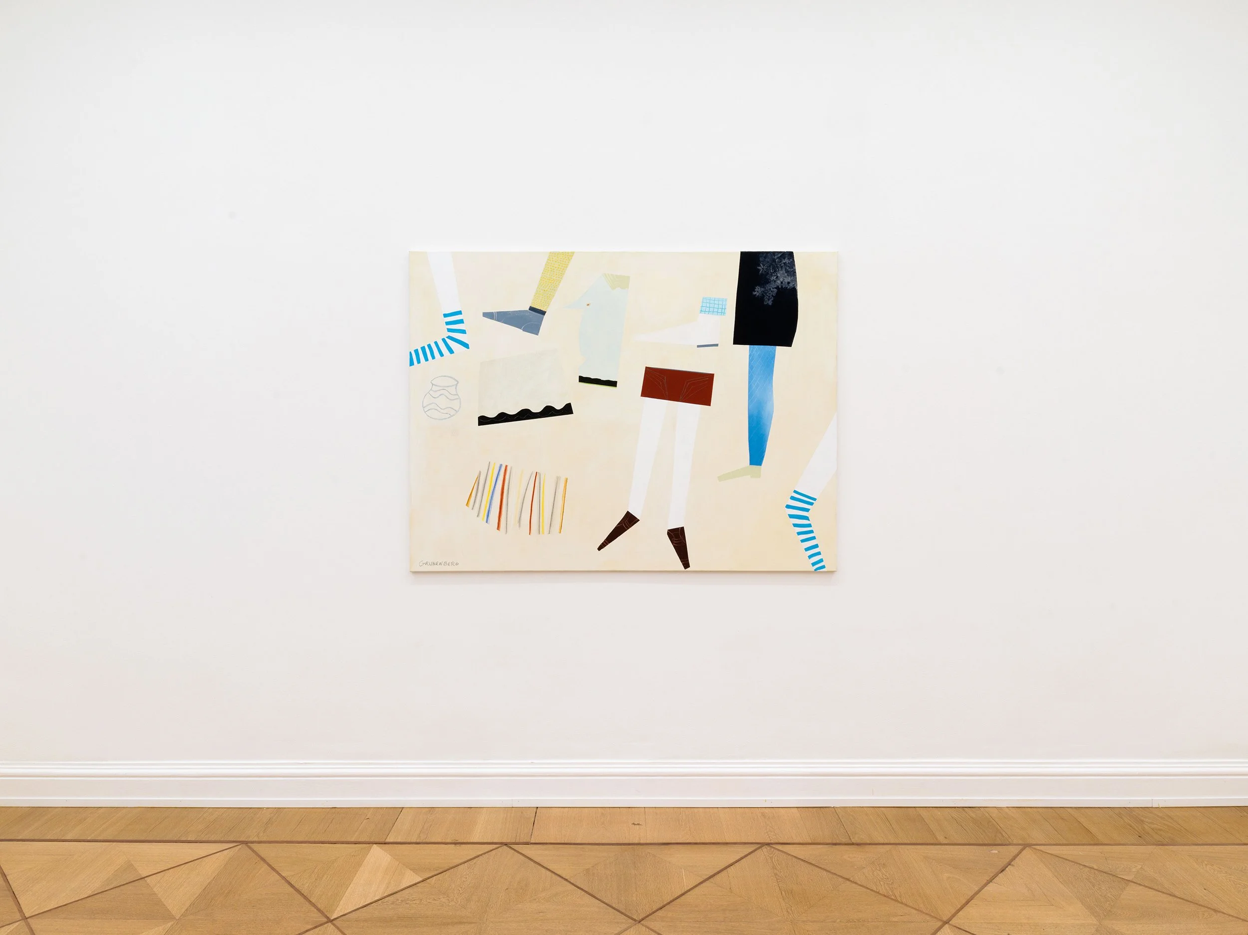 A colorful abstract painting hangs on a white gallery wall in an art museum.