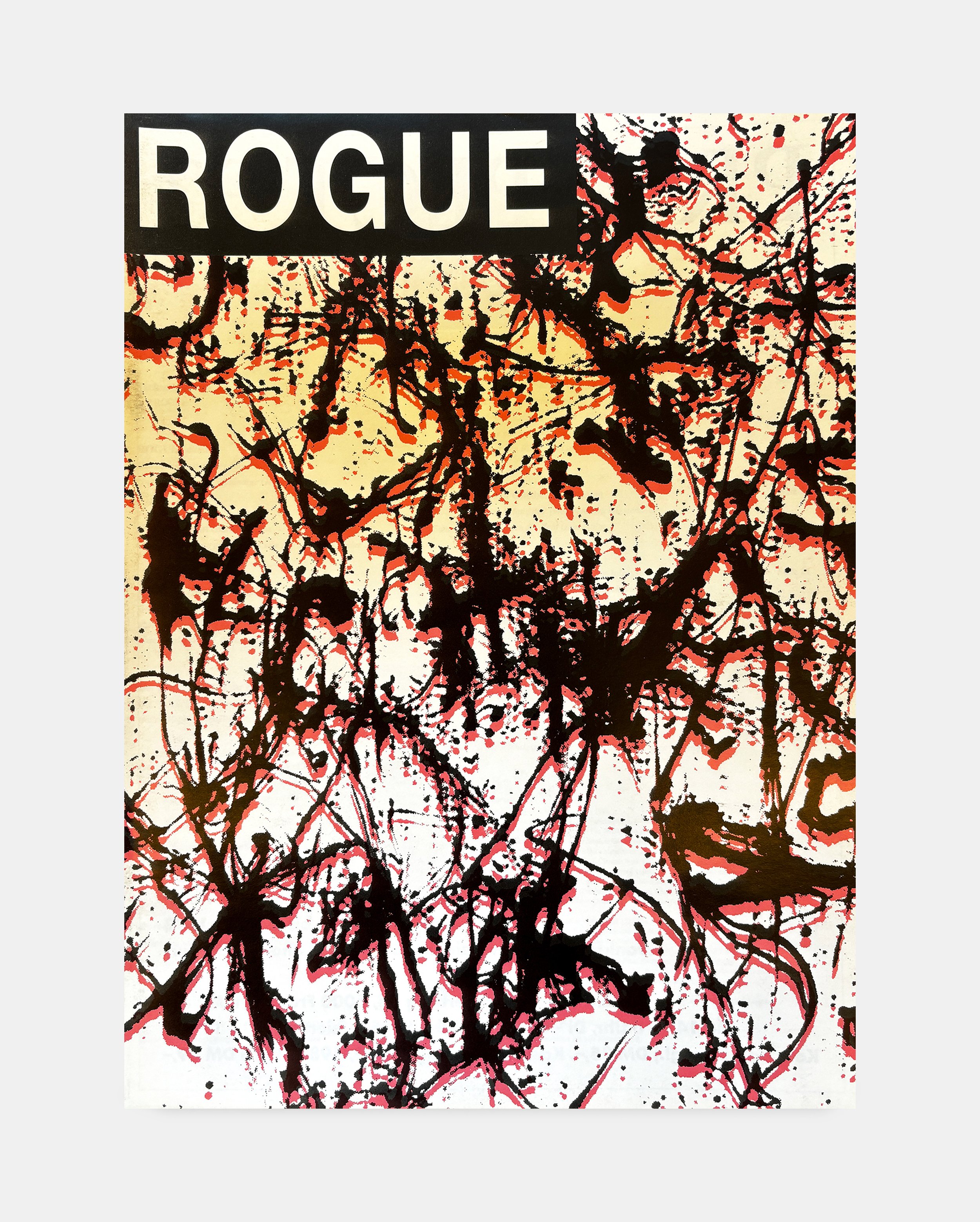 Abstract artwork with black, red, and beige splatter pattern on a white background, with the word 'ROGUE' in large white letters on a black rectangle in the upper left corner.
