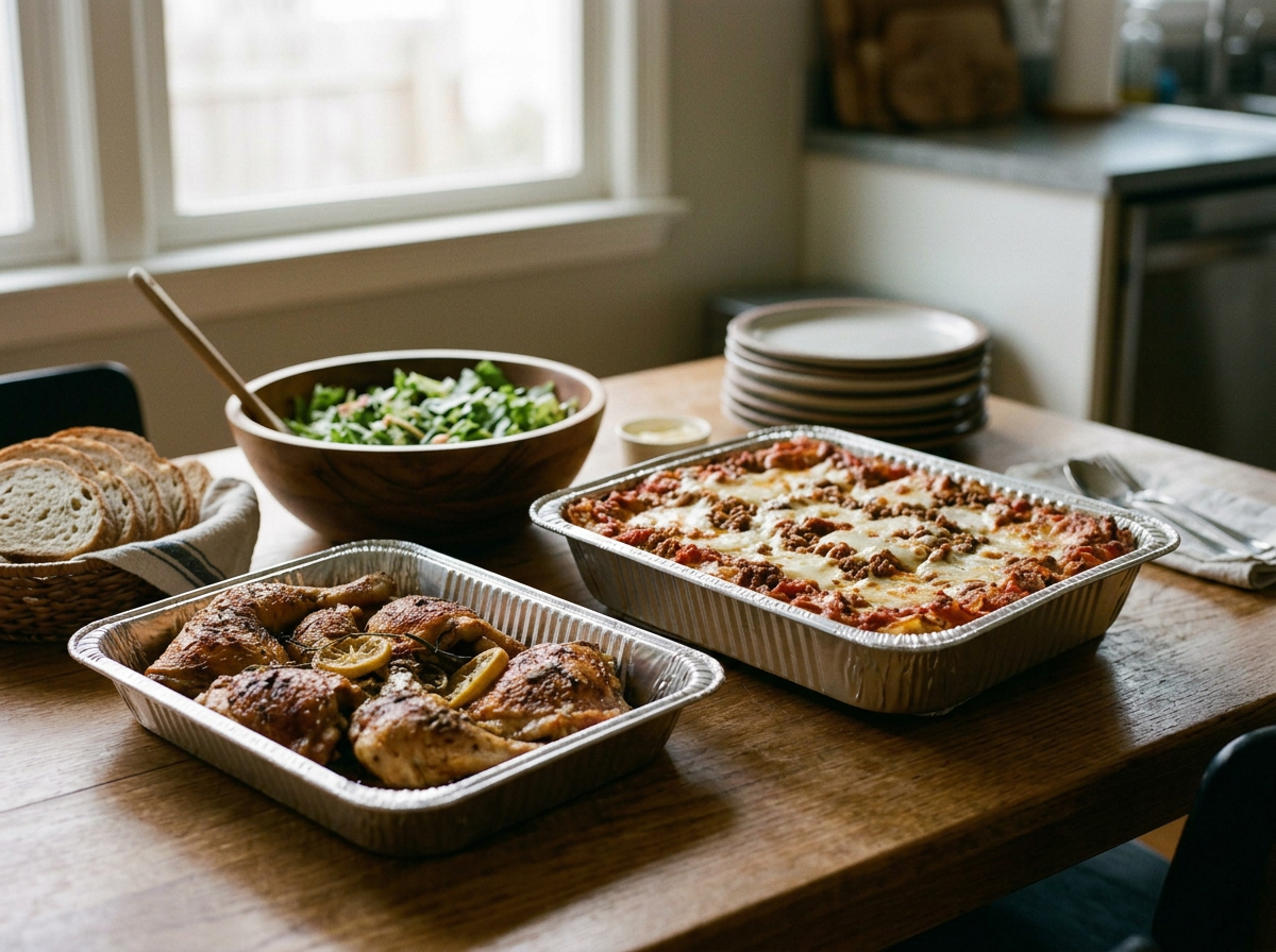A wooden table with baked chicken, pasta casserole, green salad, sliced bread in a basket, and empty plates and utensils, in a kitchen with a window.