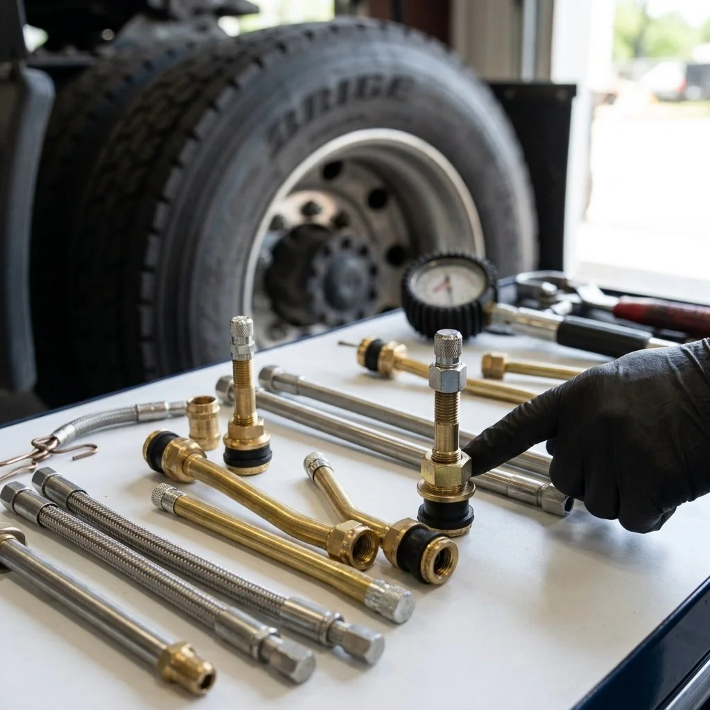 A mechanic's hand wearing a black glove points at a brass fitting on a white table, which holds various brass and metal tools, tubing, and a pressure gauge. In the background, a large vehicle tire is visible inside a garage.