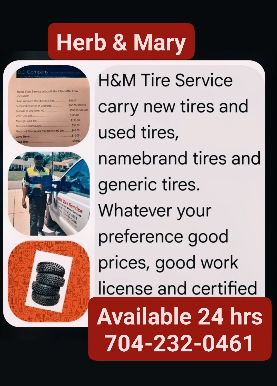 Flyer for Herb & Mary, H&M Tire Service, offering new, used, and generic tires, with contact number 704-232-0461, and a photo of a man standing next to a vehicle, along with images of tires and a receipt.
