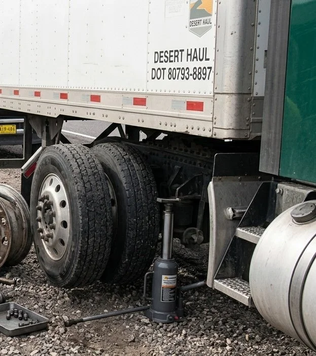 Close-up of a truck's rear wheels and undercarriage, with a hydraulic jack lifting the truck, placed on gravel ground.