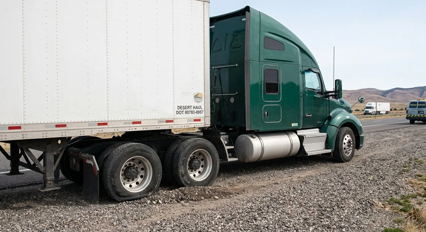 Green semi-truck parked on a gravel roadside with mountains in the background and other vehicles nearby.