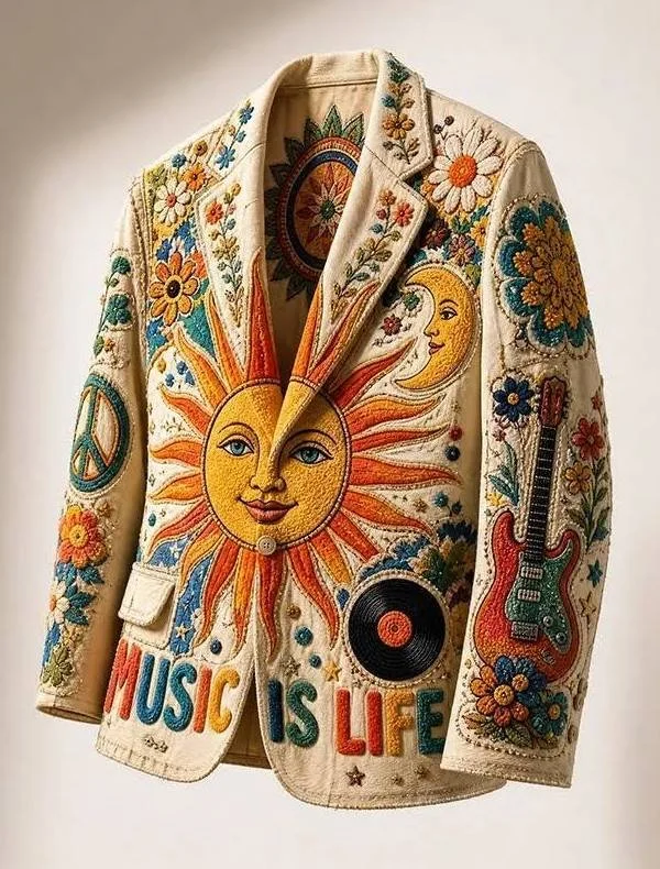 Men's Boho Hippie Sun Moon Music Is Life Floral Guitar Vinyl Print Casual Blazer Beige-L.jpeg