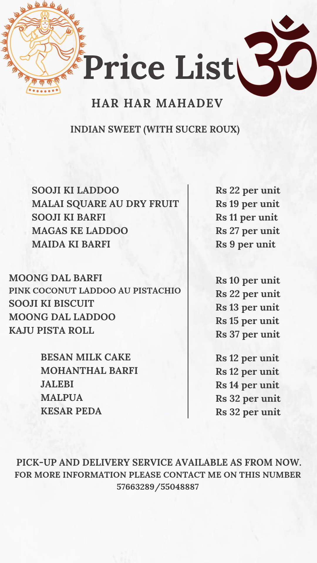 Indian sweets price list featuring laddoos, barfi, jalebi, malpua, peda, and delivery contact information