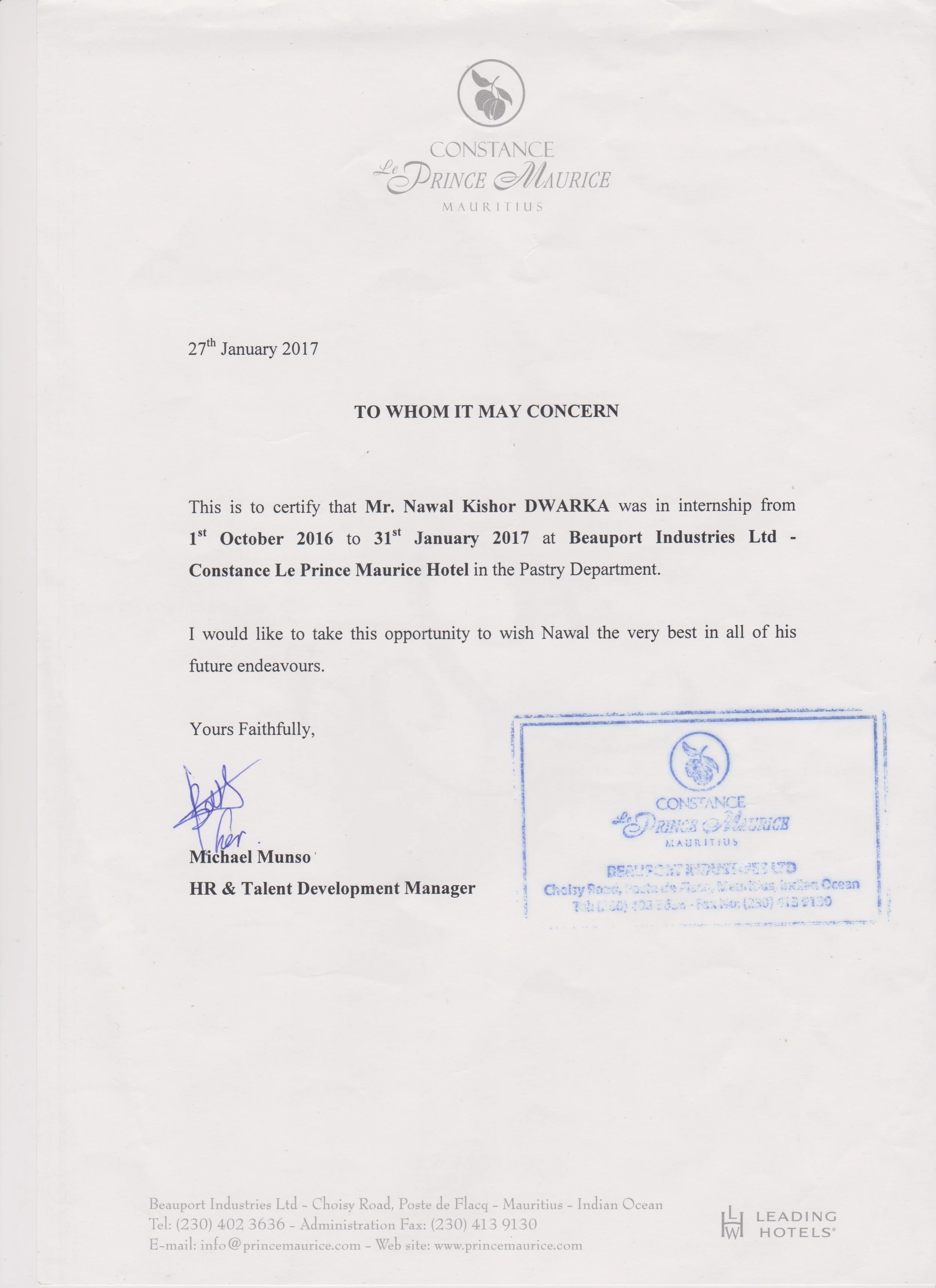 Internship completion certificate from Constance Le Prince Maurice Mauritius for Nawal Kishor Dwarka, dated January 27, 2017.