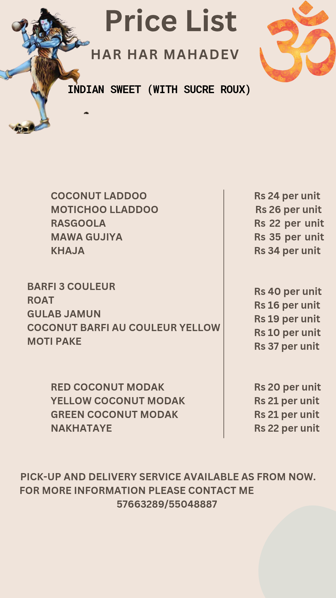 Indian sweets price list featuring Lord Shiva and an Om symbol, with per-unit prices, pickup and delivery information, and contact numbers.