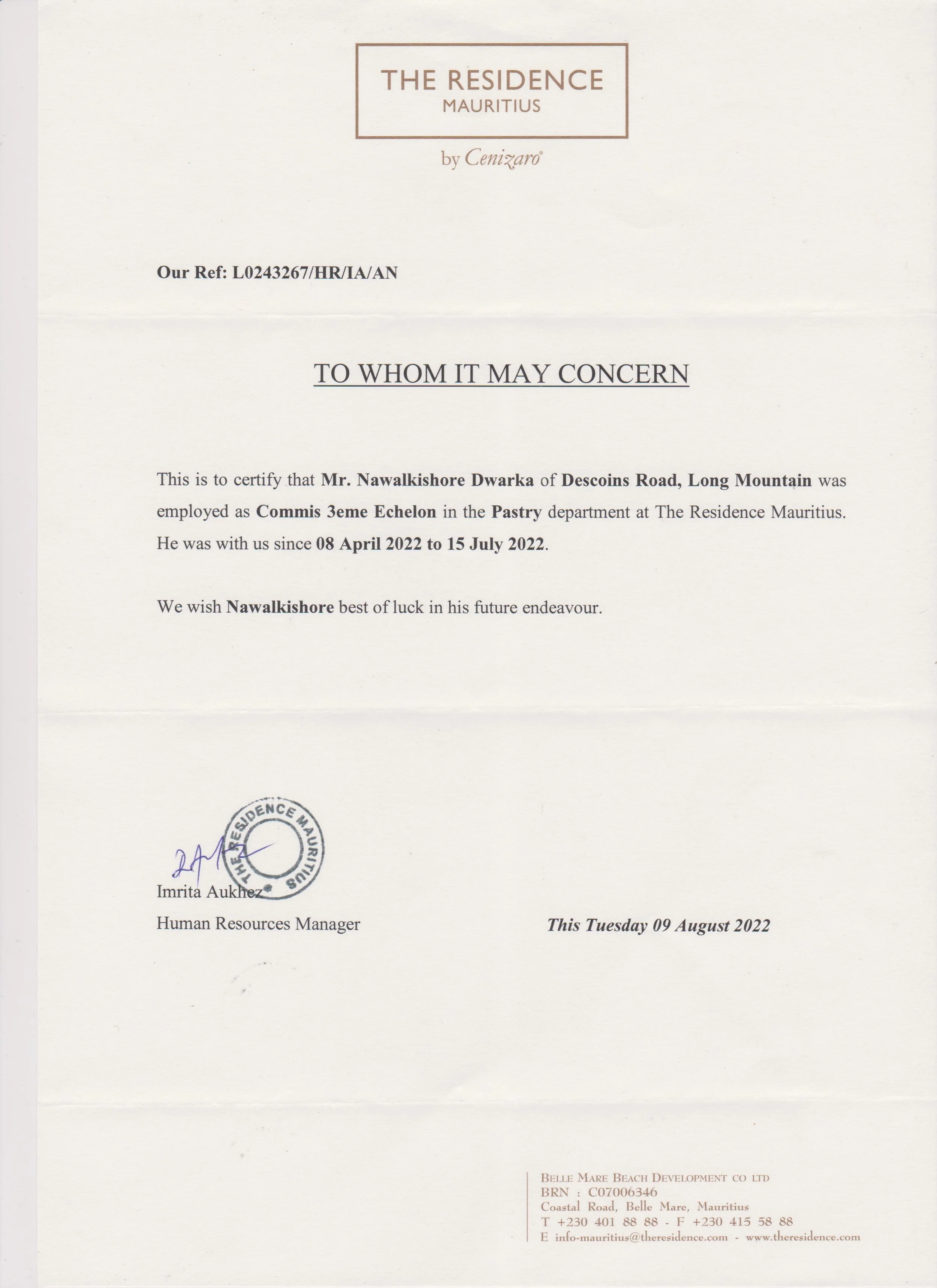 Employment reference letter from The Residence Mauritius certifying Nawal Kishore Dwarka as a Commis 3eme Echelon in the pastry department, signed by the human resources manager.