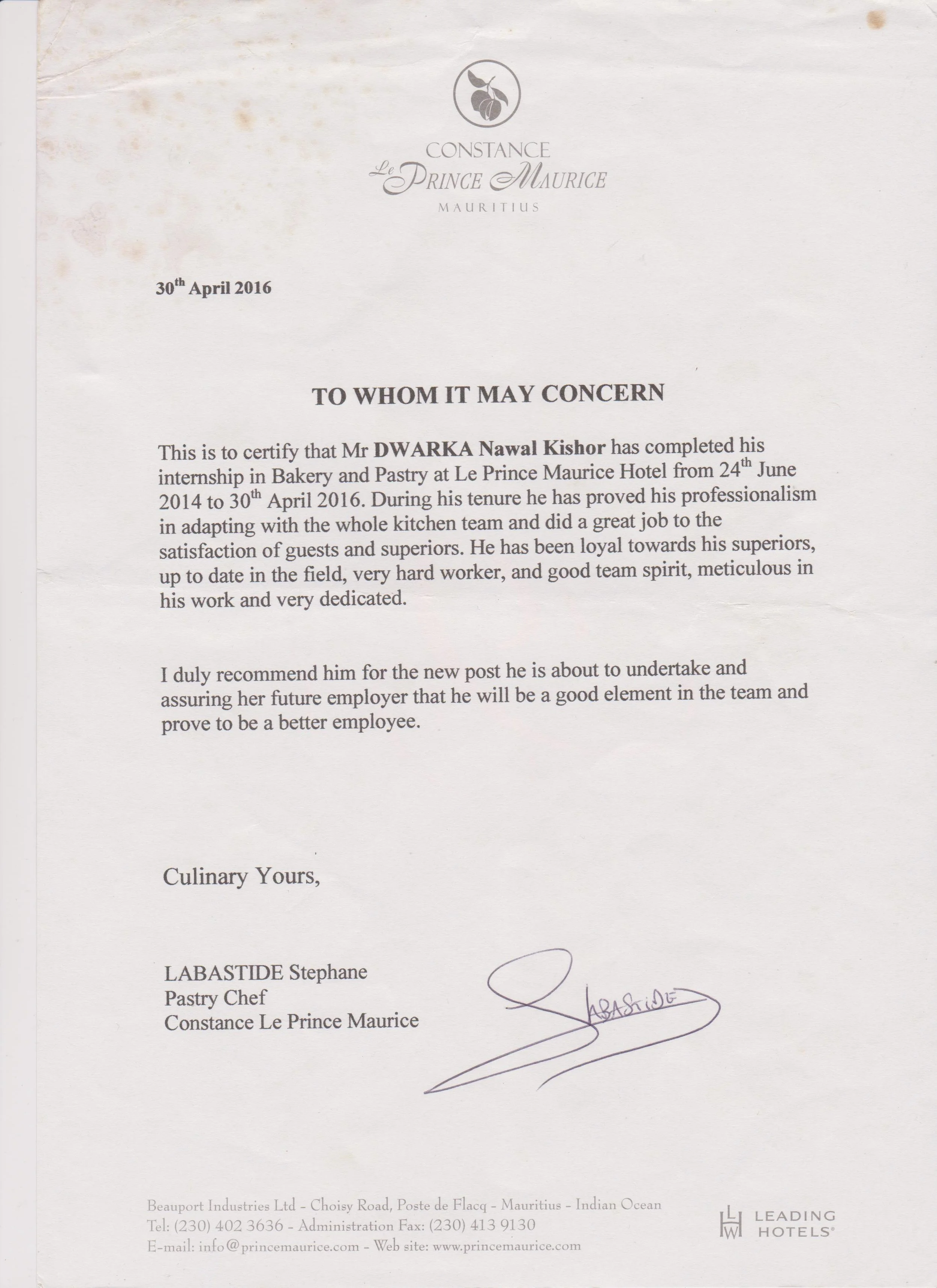 Employment reference letter from Constance Le Prince Maurice hotel in Mauritius certifying Dwarka Nawal Kishor’s bakery and pastry internship, dated April 30, 2016.