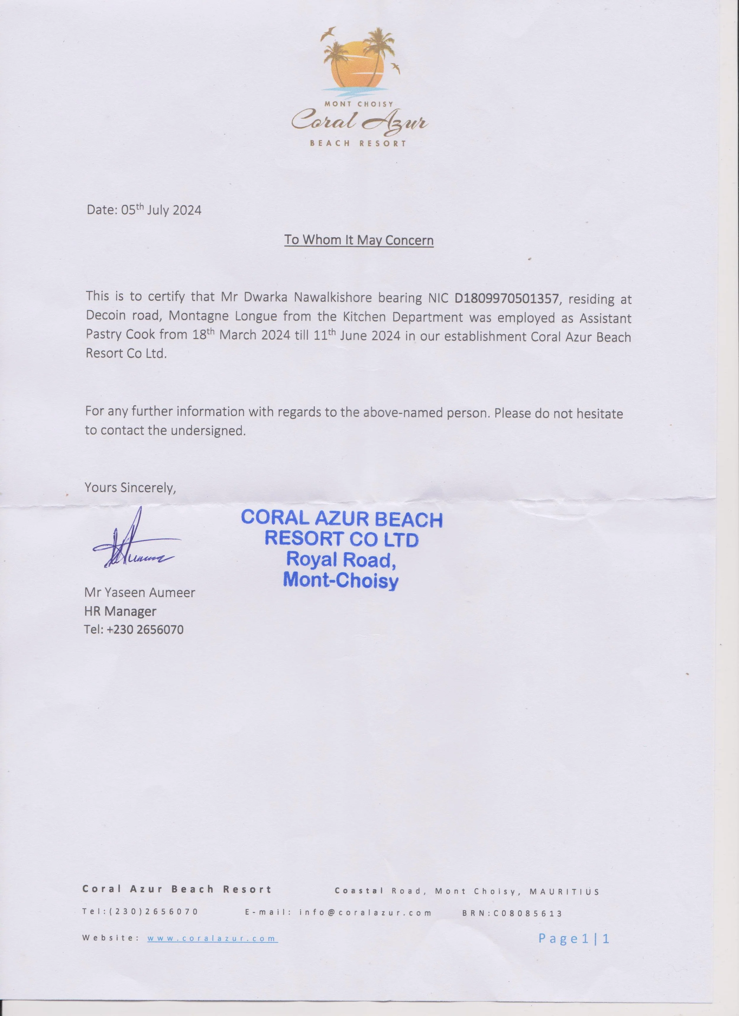 Employment reference letter dated July 5, 2024, from Coral Azur Beach Resort in Mont Choisy, Mauritius, confirming employment as an assistant pastry cook.