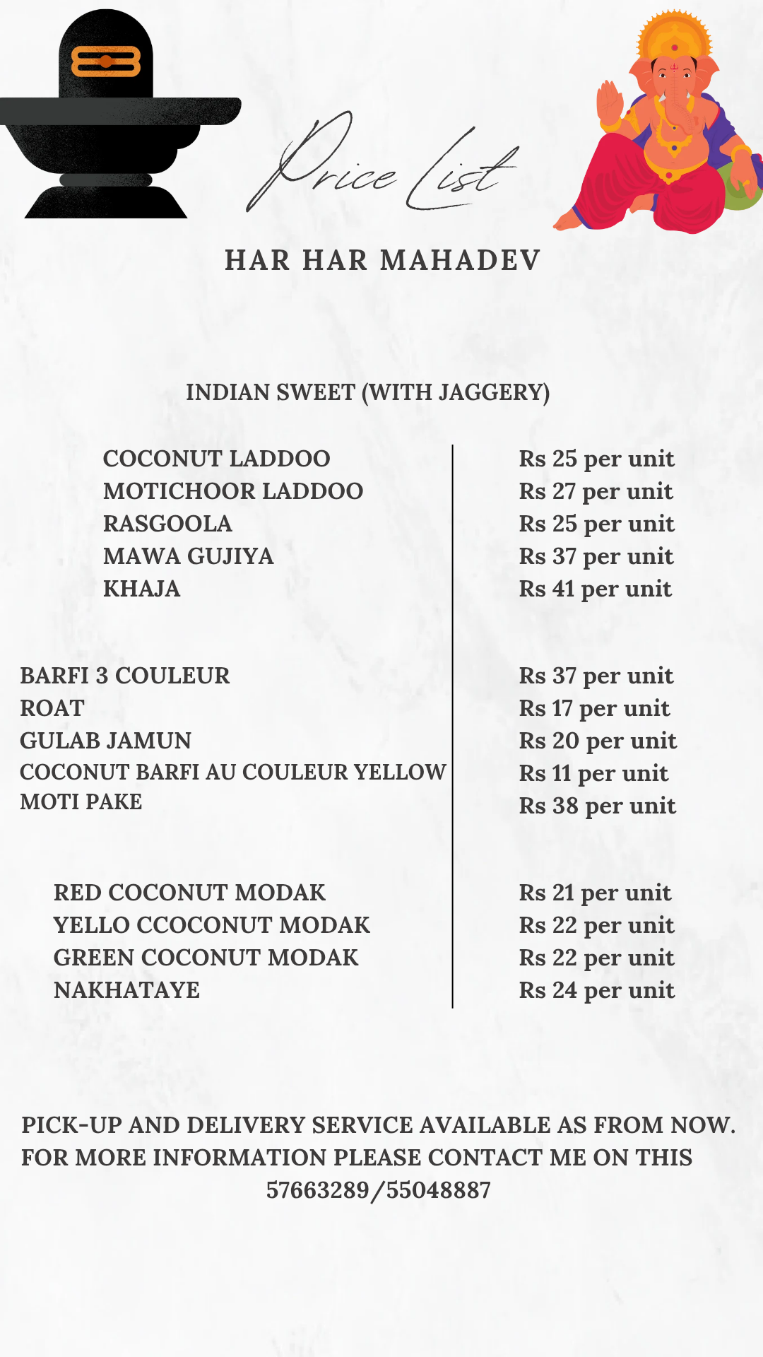 Indian sweet price list featuring Shiva lingam and Lord Ganesha illustrations, with prices for laddoo, rasgulla, gujiya, khaja, barfi, roat, gulab jamun, modak, and nakhataye.
