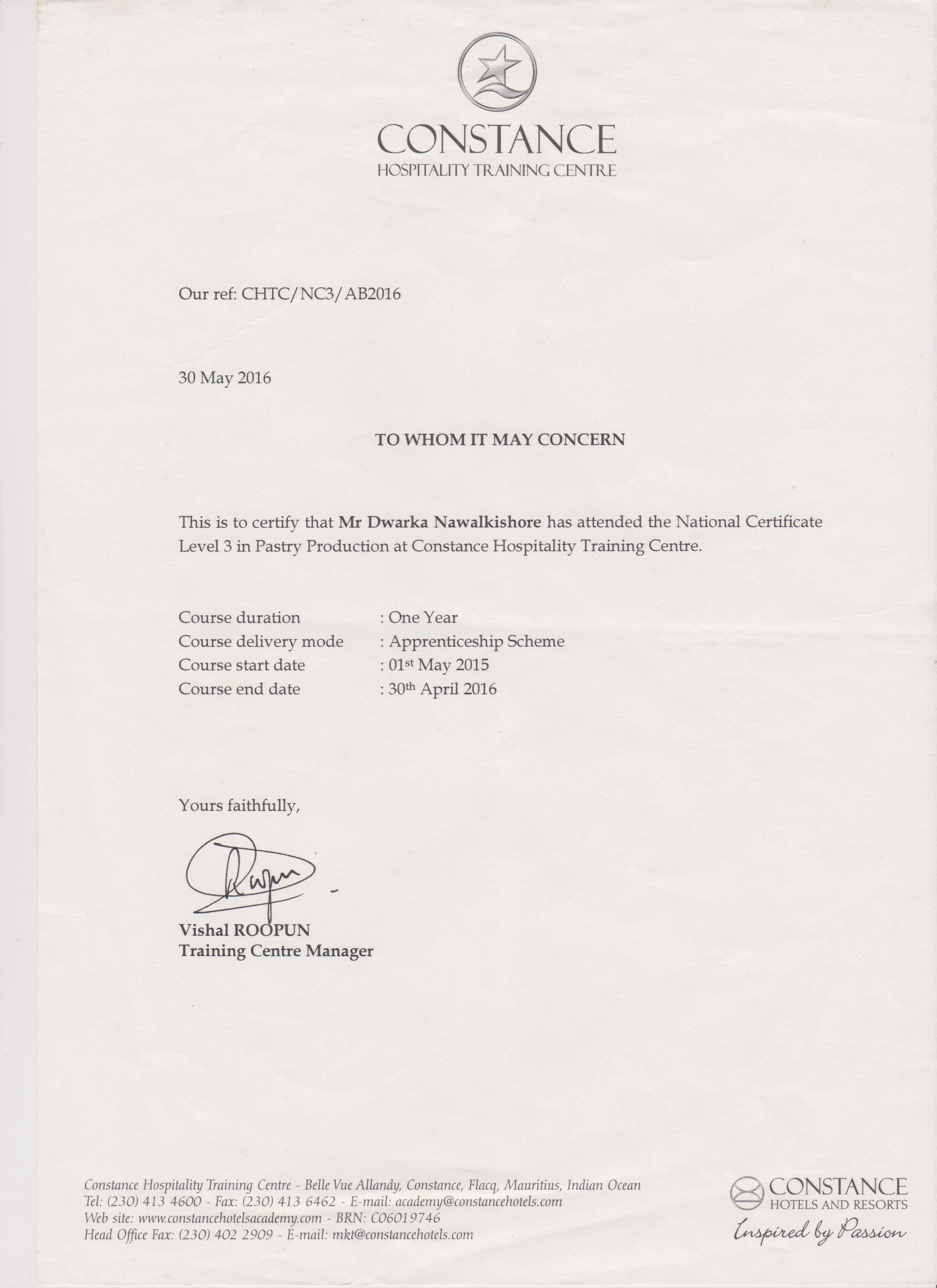Constance Hospitality Training Centre letter certifying Mr. Dwarka Nawalkishore completed a Level 3 National Certificate in Pastry Production.