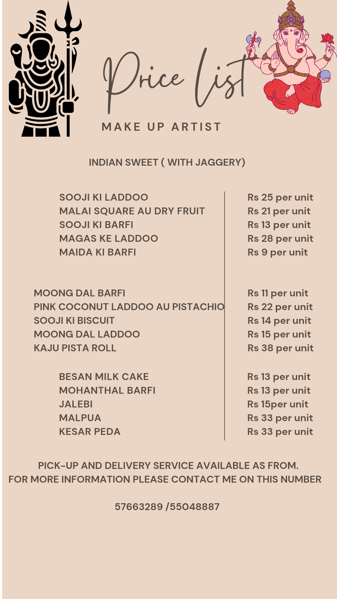 Price list flyer for Indian sweets with jaggery, featuring Hindu deity illustrations, sweet names, prices per unit in rupees, pickup and delivery information, and contact numbers.