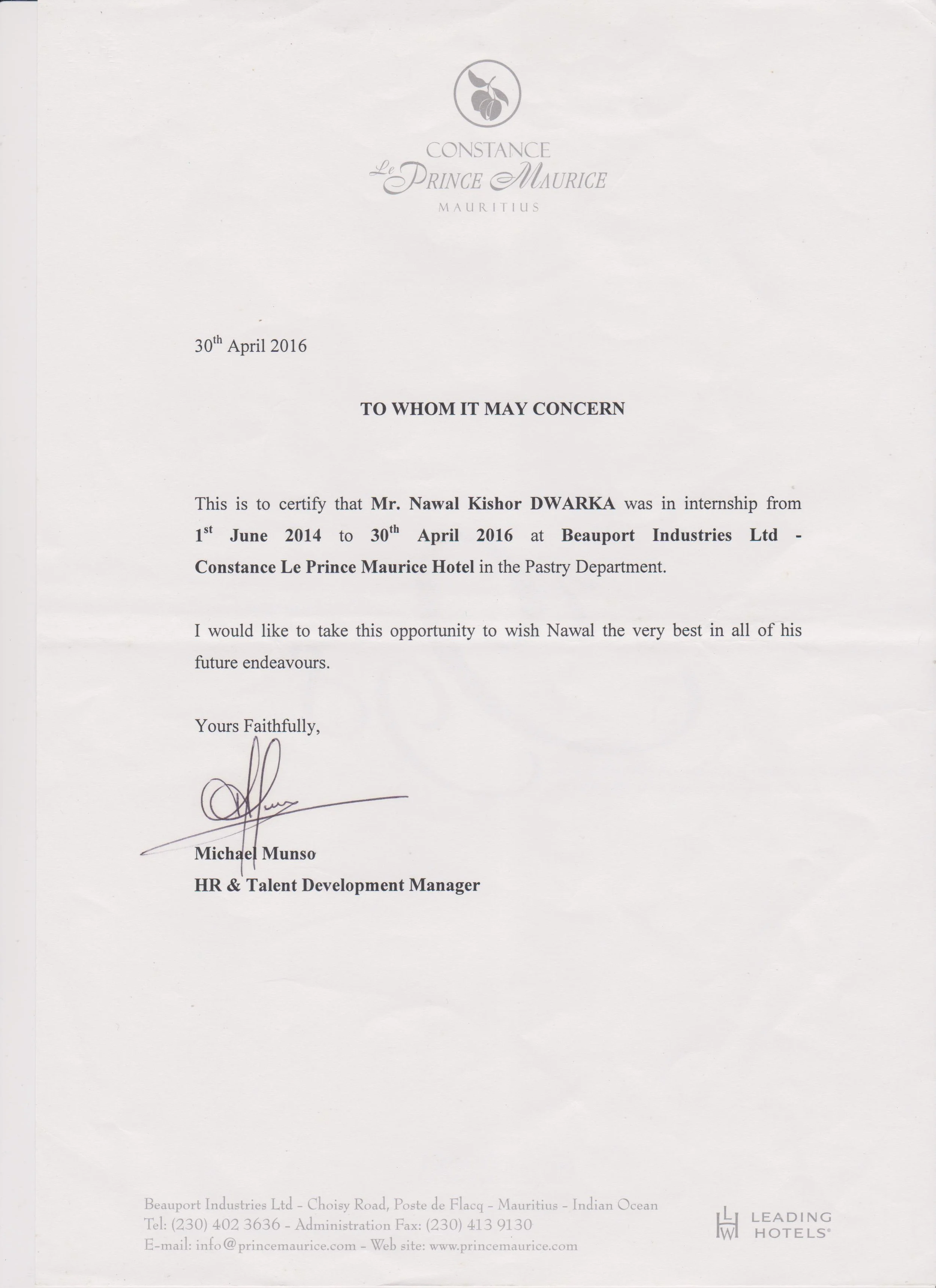 Internship certificate from Constance Le Prince Maurice Hotel in Mauritius for Nawal Kishor Dwarka, dated April 30, 2016.