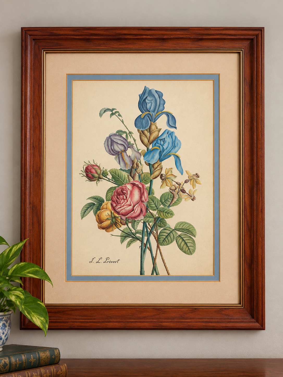 A framed botanical illustration of various colorful flowers and leaves with the artist's signature, 'L. L. Levost', hanging on a wall.