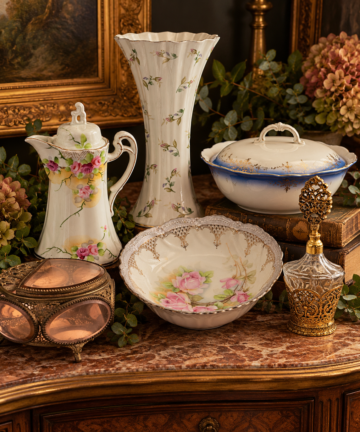 Vintage porcelain and glass decorative items arranged on a wooden table, including a floral porcelain pitcher, a tall floral vase, a floral bowl, a lidded porcelain dish, a decorative glass bottle with gold accents, and a vintage metal and glass cont