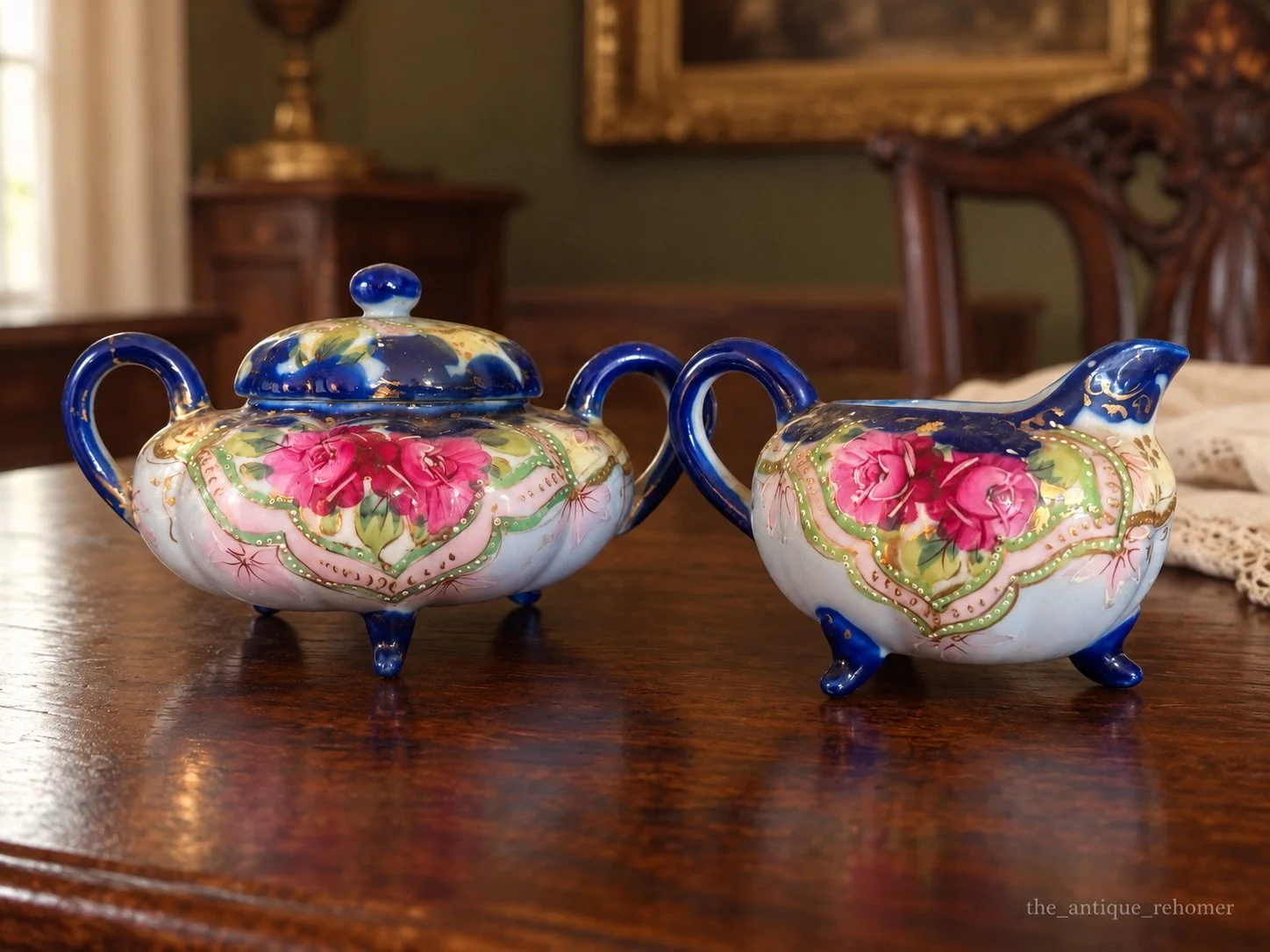 Antique Royal Nippon Hand Painted Creamer & Covered Sugar Bowl Set | Cobalt Blue Floral Gold Gilt | Victorian Japanese Porcelain