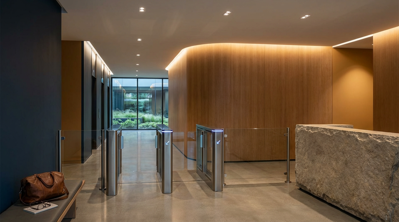 Modern lobby with wooden walls, glass environmental barriers, a granite reception desk, and large windows showing a green garden outside.