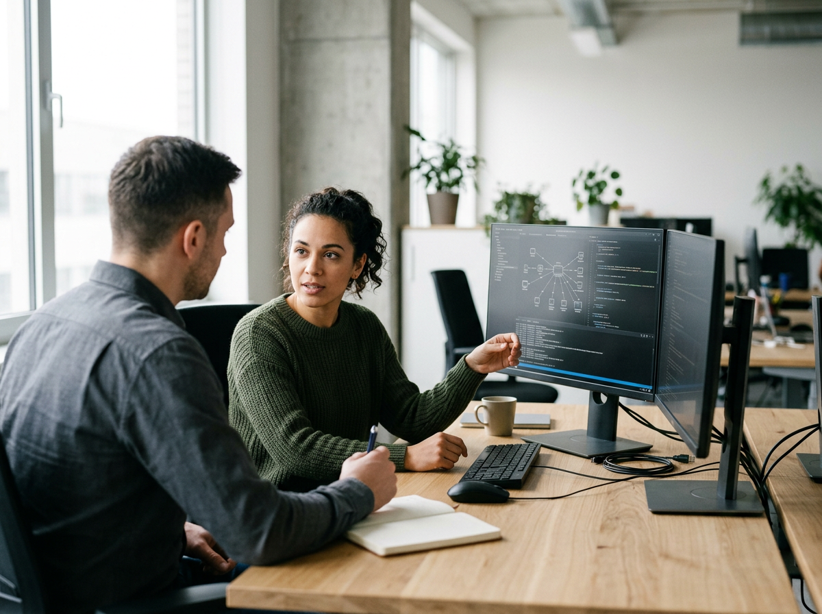 Two people in an office having a discussion, with two computer monitors displaying technical code or diagrams, and potted plants in the background.