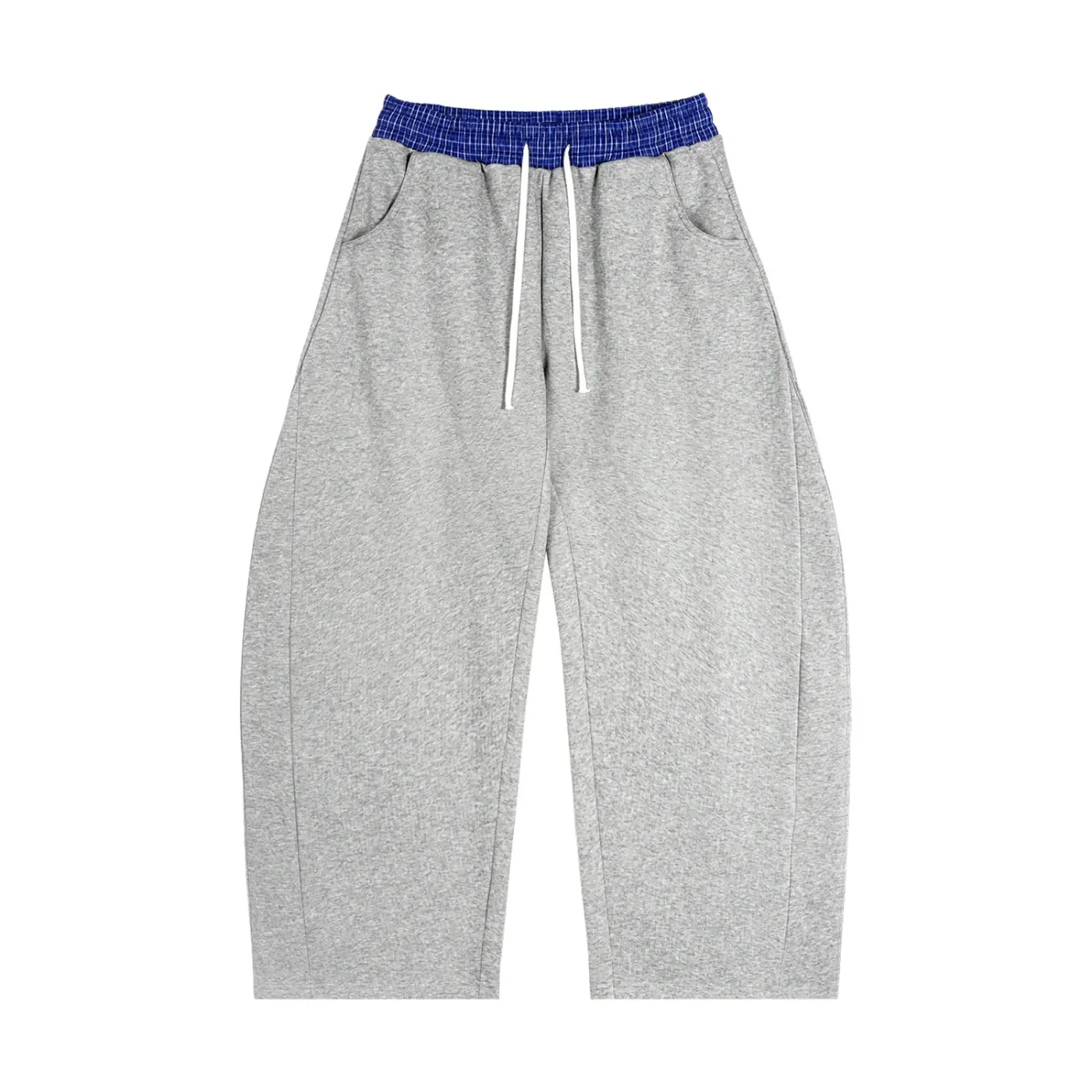 Gray sweatpants with a blue waistband and white drawstring.