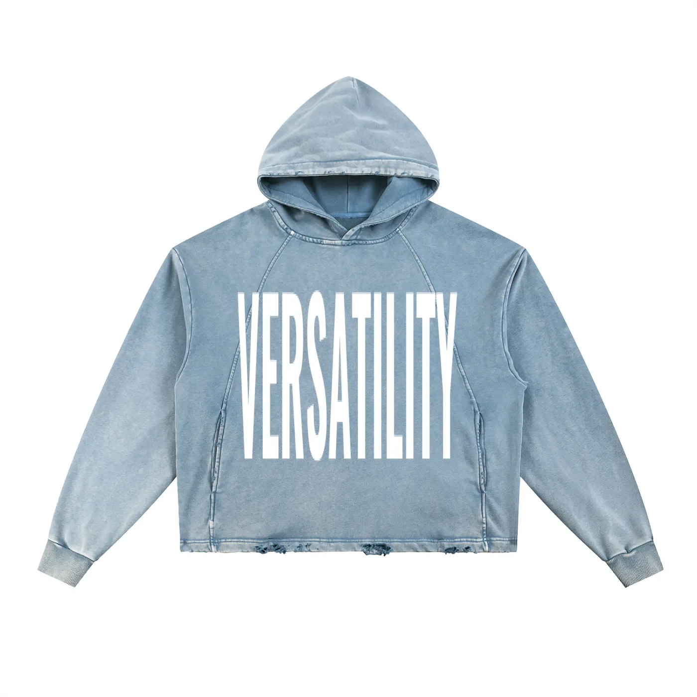 Light blue hoodie with the word "VERSATILITY" printed in large white letters across the front.