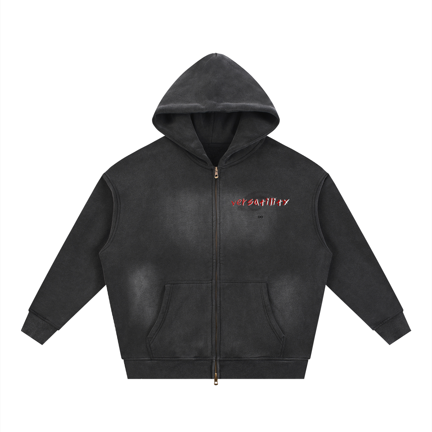 Black zip-up hoodie with the word 'versatility' embroidered on the chest in red and white.
