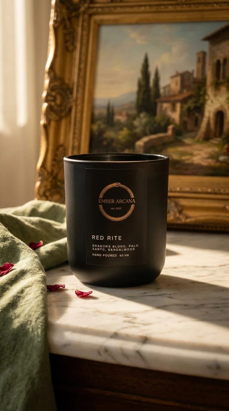 Black candle labeled 'Red Rite' from Ember Arcana, with fragrance notes of dragon's blood, Palo Santo, and sandalwood, placed on a marble surface with scattered rose petals, in front of a framed landscape painting.