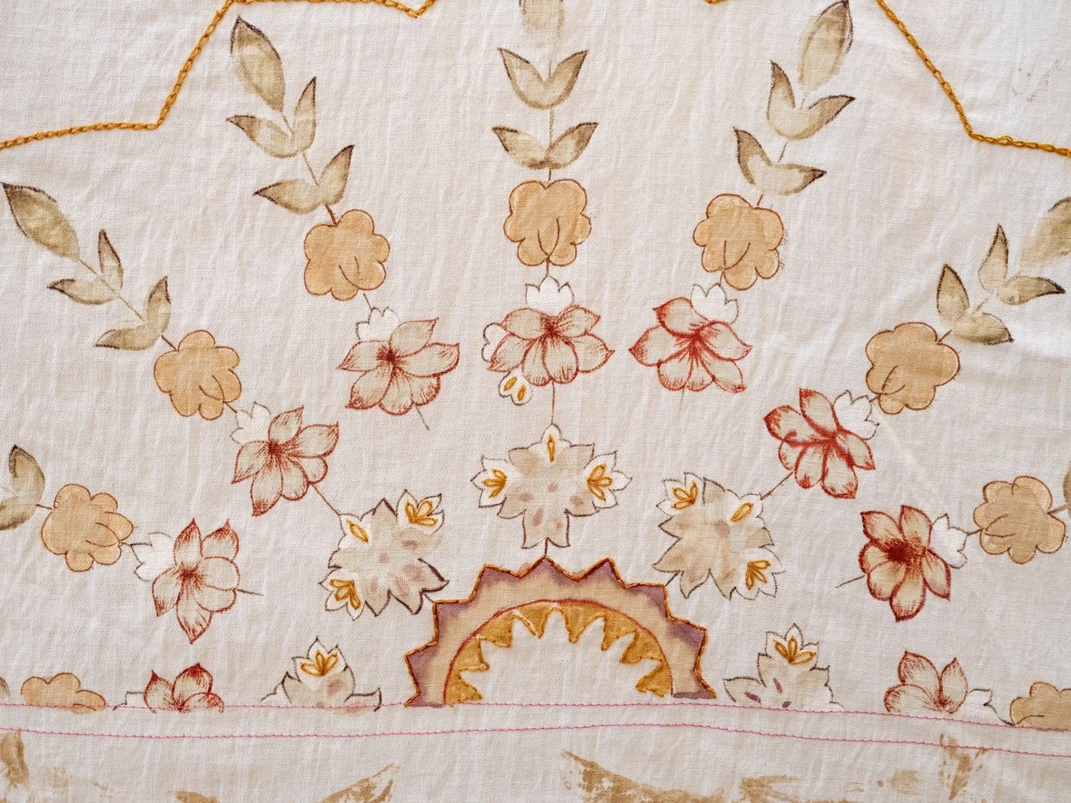 Embroidery with floral patterns in shades of beige, orange, and brown on a white fabric background.