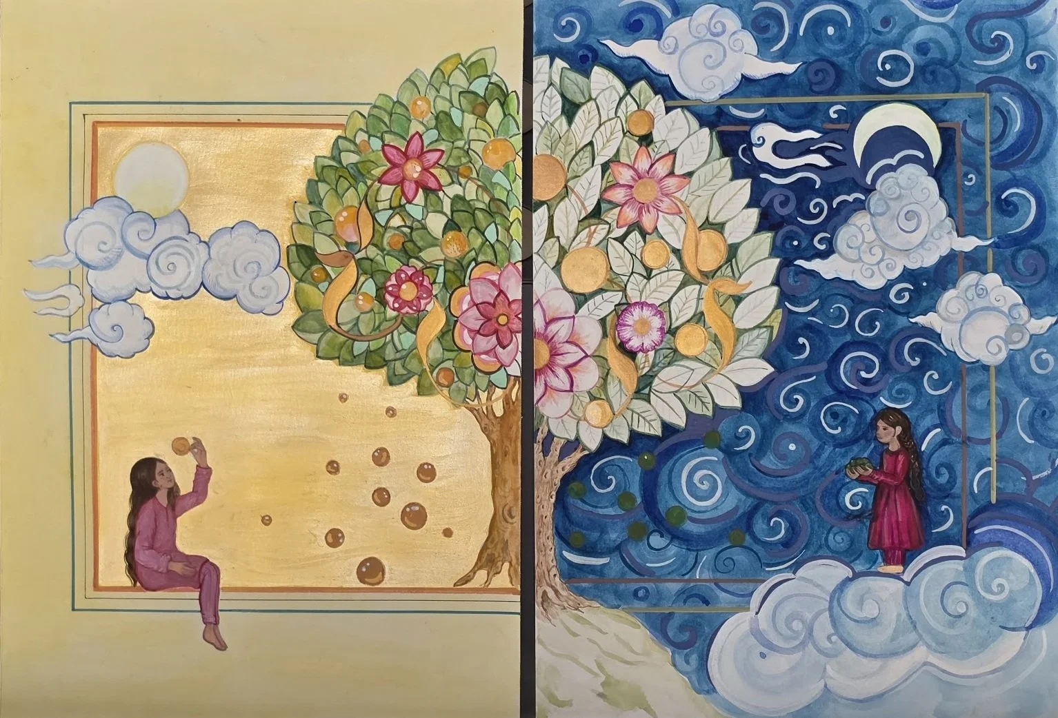 A colorful double-sided painting showing a girl sitting under a tree on the left side with a golden background, and a girl standing near a tree on the right side with a blue night sky background filled with swirls, clouds, and a crescent moon.