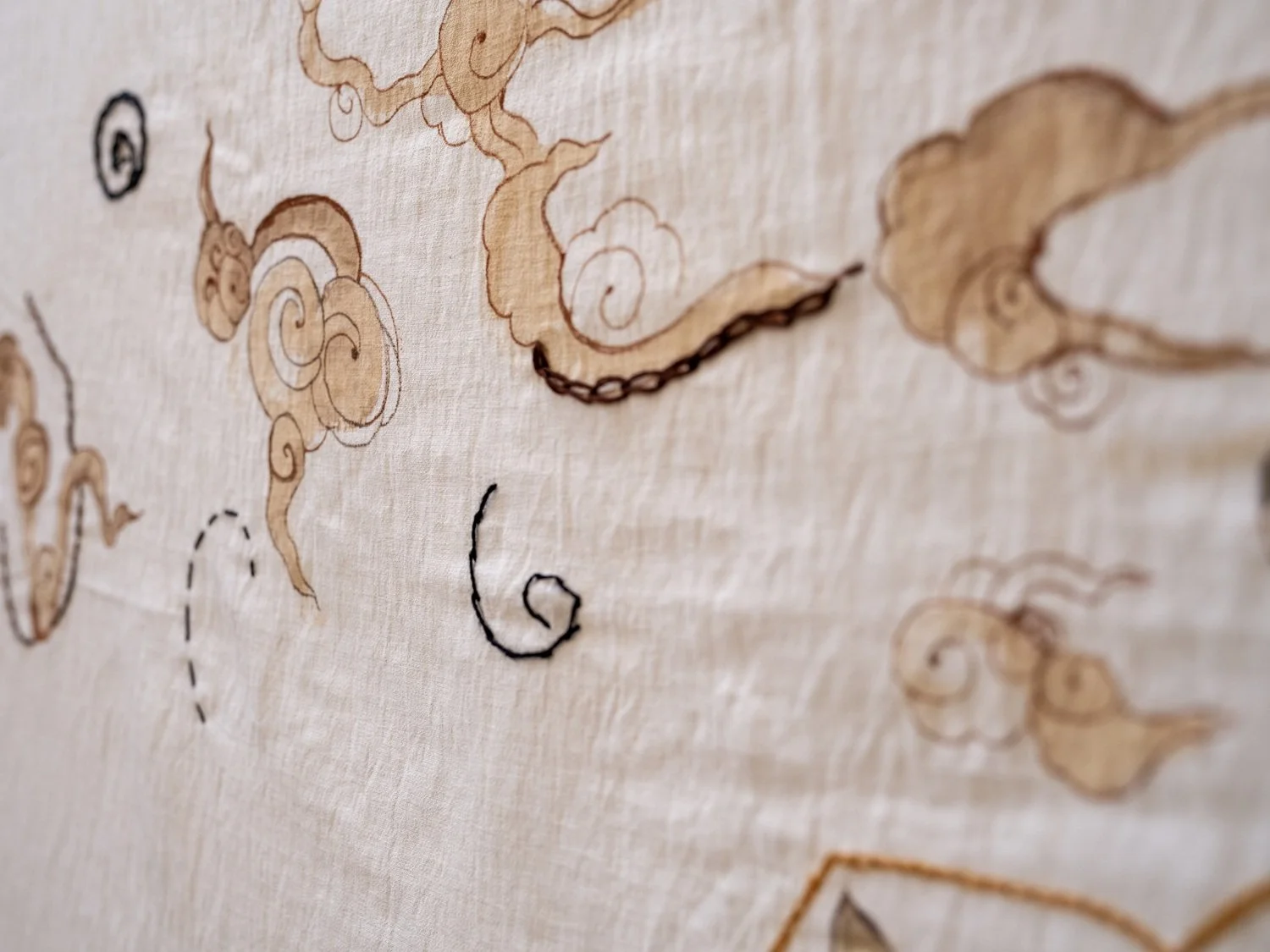 What was the palm tree doing with my grandma’s hair all that time?

Artwork 1, detail

Natural pigments, fabric ink, hand embroidery, and eco-printing on naturally dyed textile, 2025

