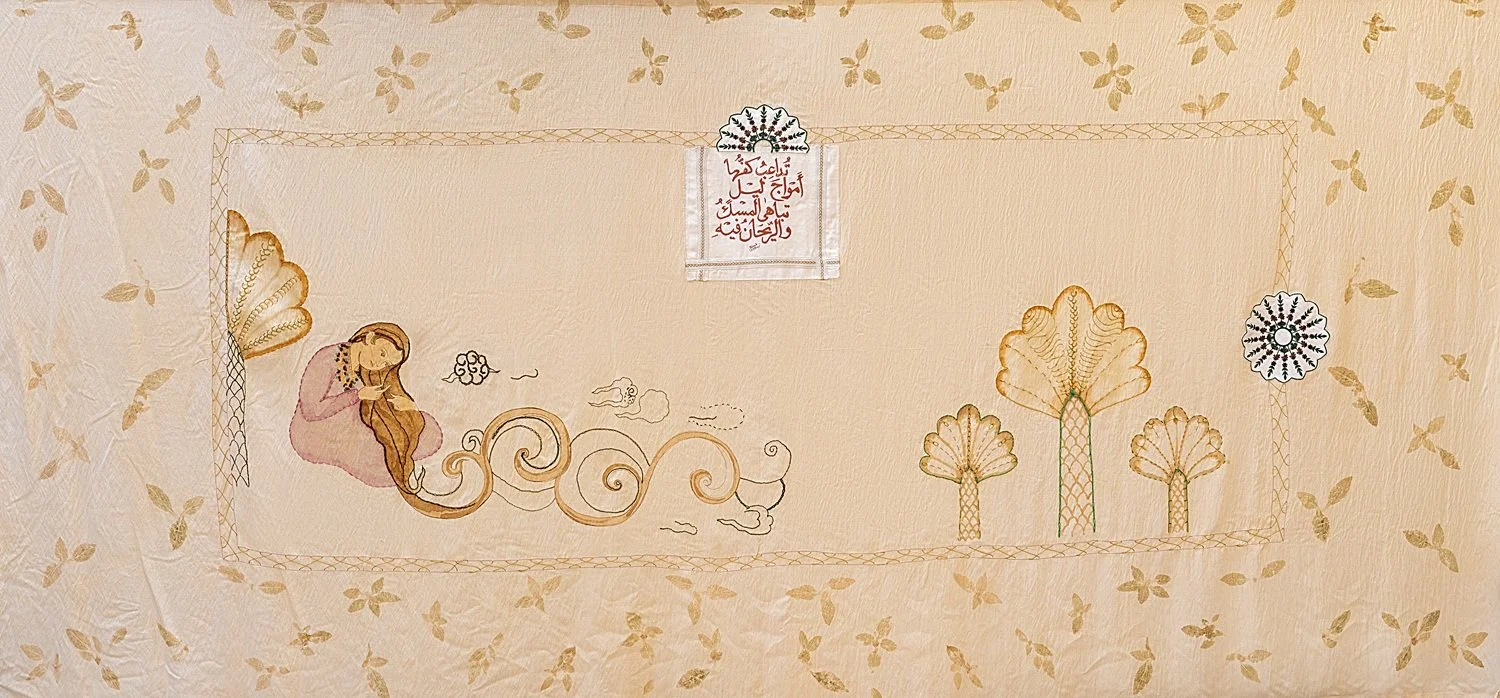 What was the palm tree doing with my grandma’s hair all that time?

Artwork 3

 Natural pigments, fabric ink, hand embroidery, and eco-printing on naturally dyed textile, 2025

