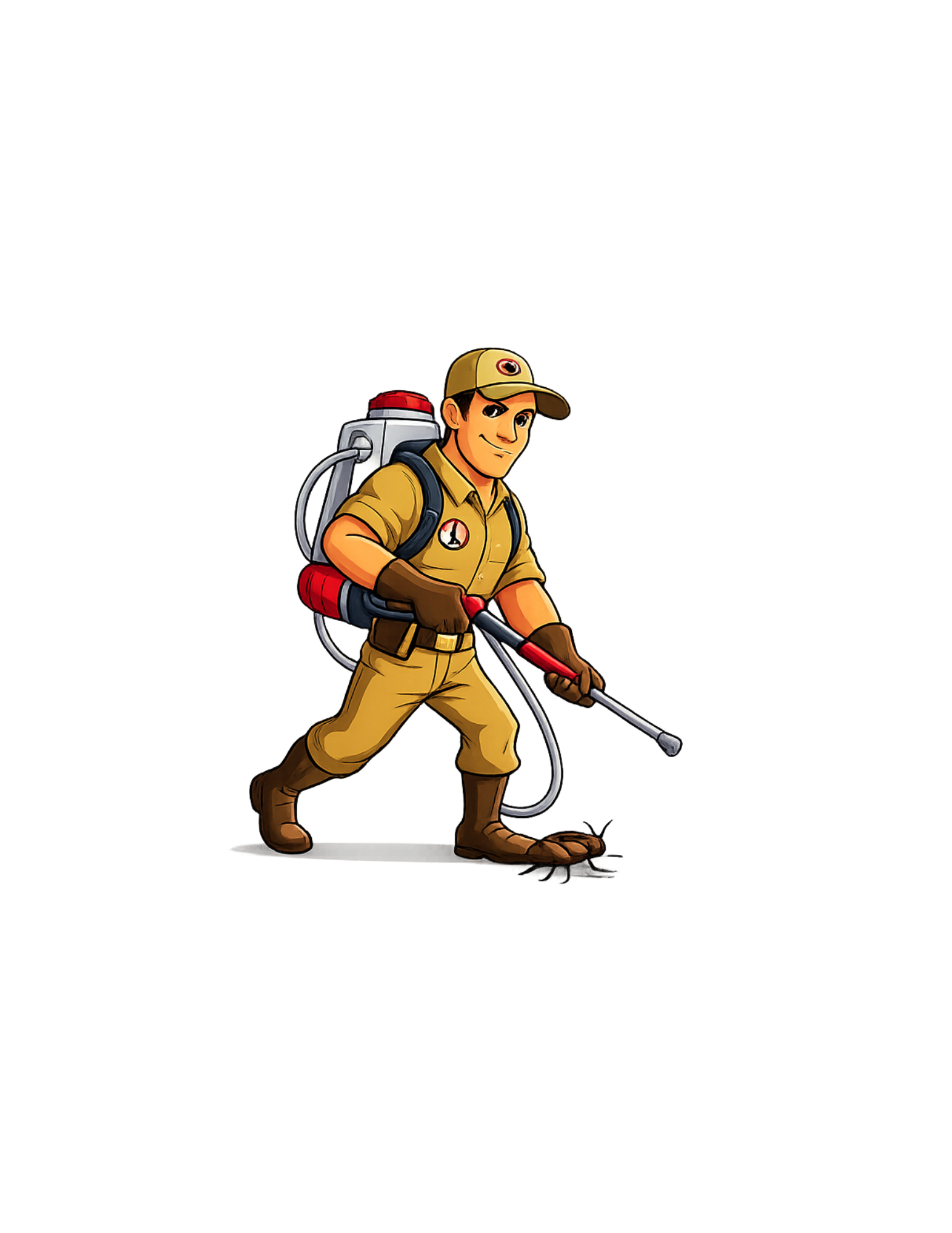 Animated character dressed as a professional exterminator, wearing a beige uniform and cap with a bug logo, carrying a backpack sprayer, and holding a sprayer wand.