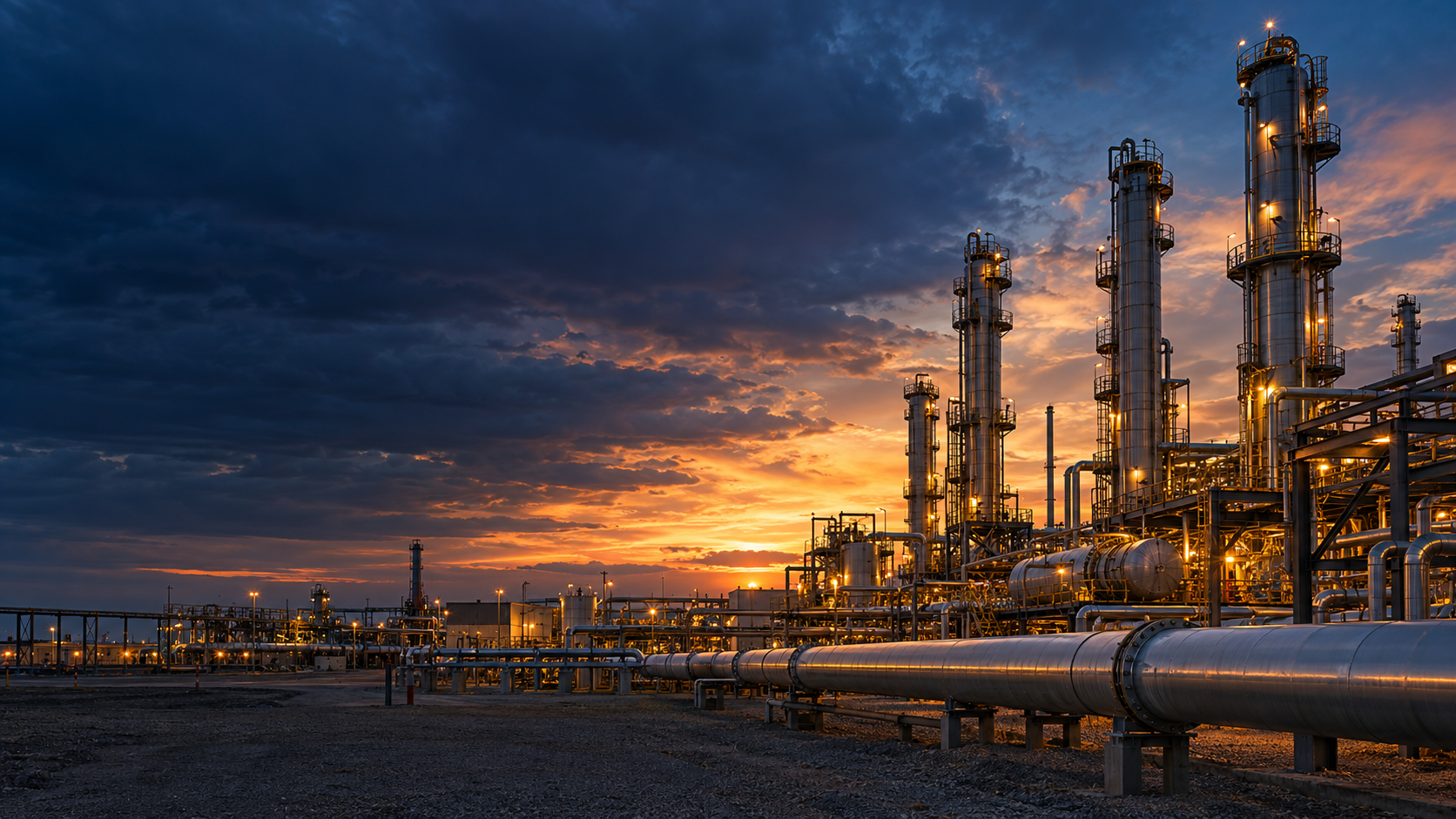 Gas processing facility and pipelines at dusk