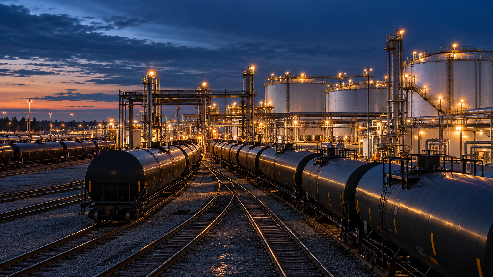 Tank railcars and energy terminal infrastructure at dusk
