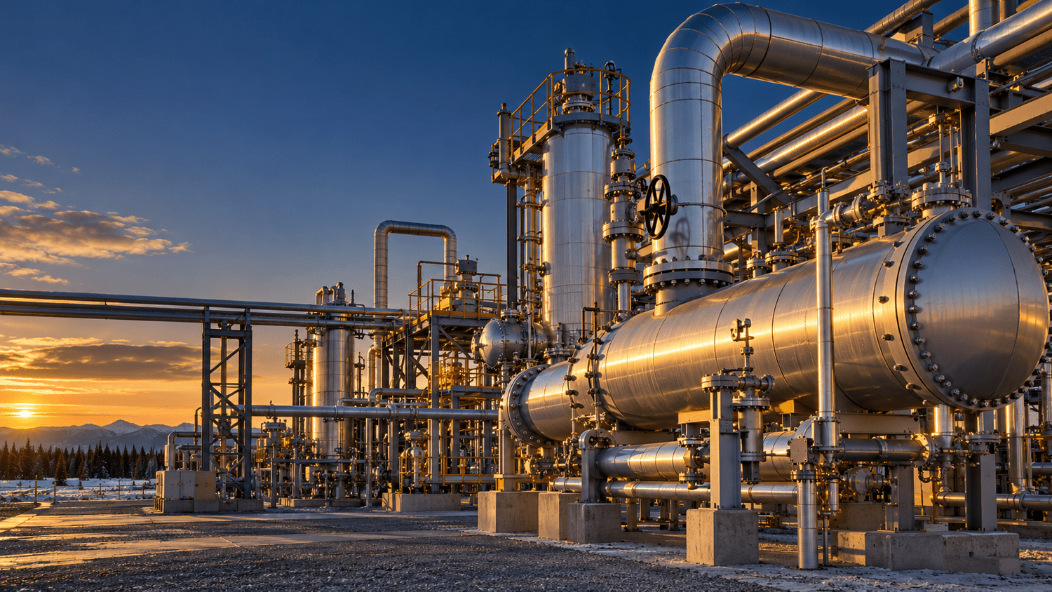 Operating process equipment and facility infrastructure at dusk