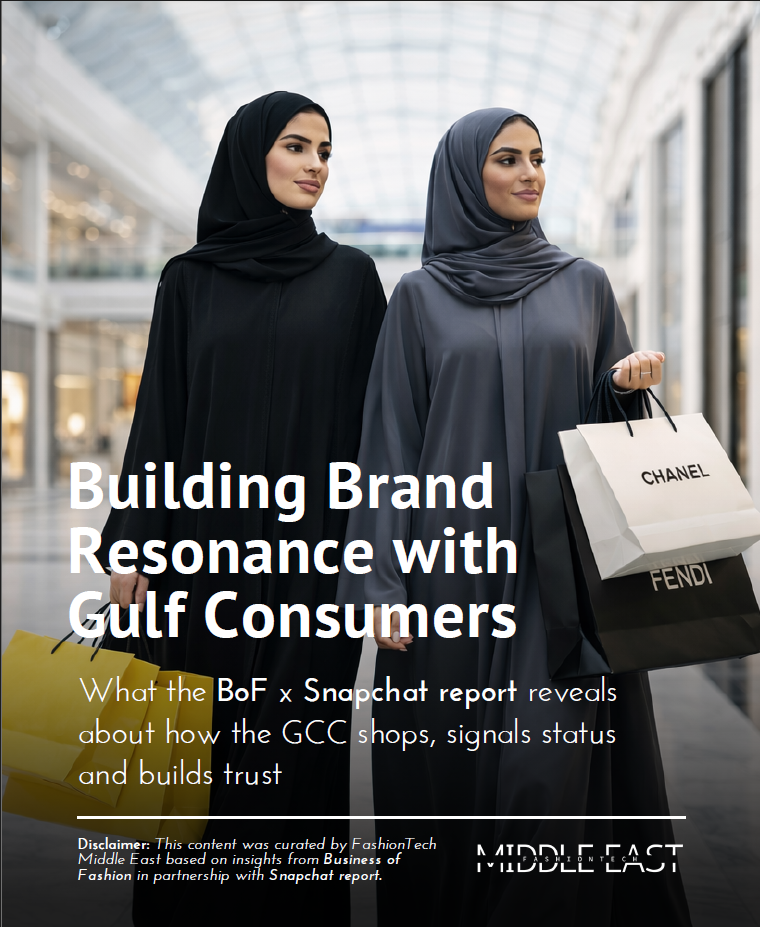 Two women in black and gray hijabs holding luxury shopping bags in a mall, with text about building brand resonance with Gulf consumers.