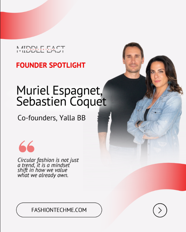 Founder Spotlight graphic featuring Muriel Espagnet and Sebastien Coquet, co-founders of Yalla BB, with a quote about circular fashion.