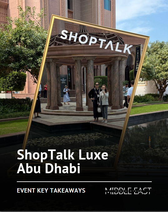 ShopTalk Luxe Abu Dhabi event graphic featuring two attendees reflected in a gold-framed mirror outside a grand hotel entrance.
