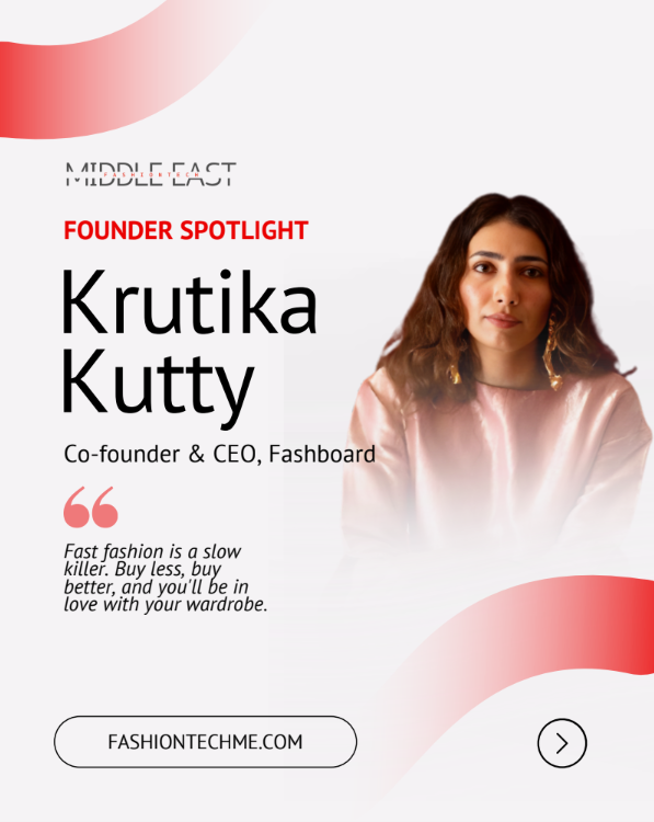 Founder Spotlight graphic featuring Krutika Kutty, co-founder and CEO of Fashboard, with a quote about sustainable fashion and FashionTechMe.com branding.